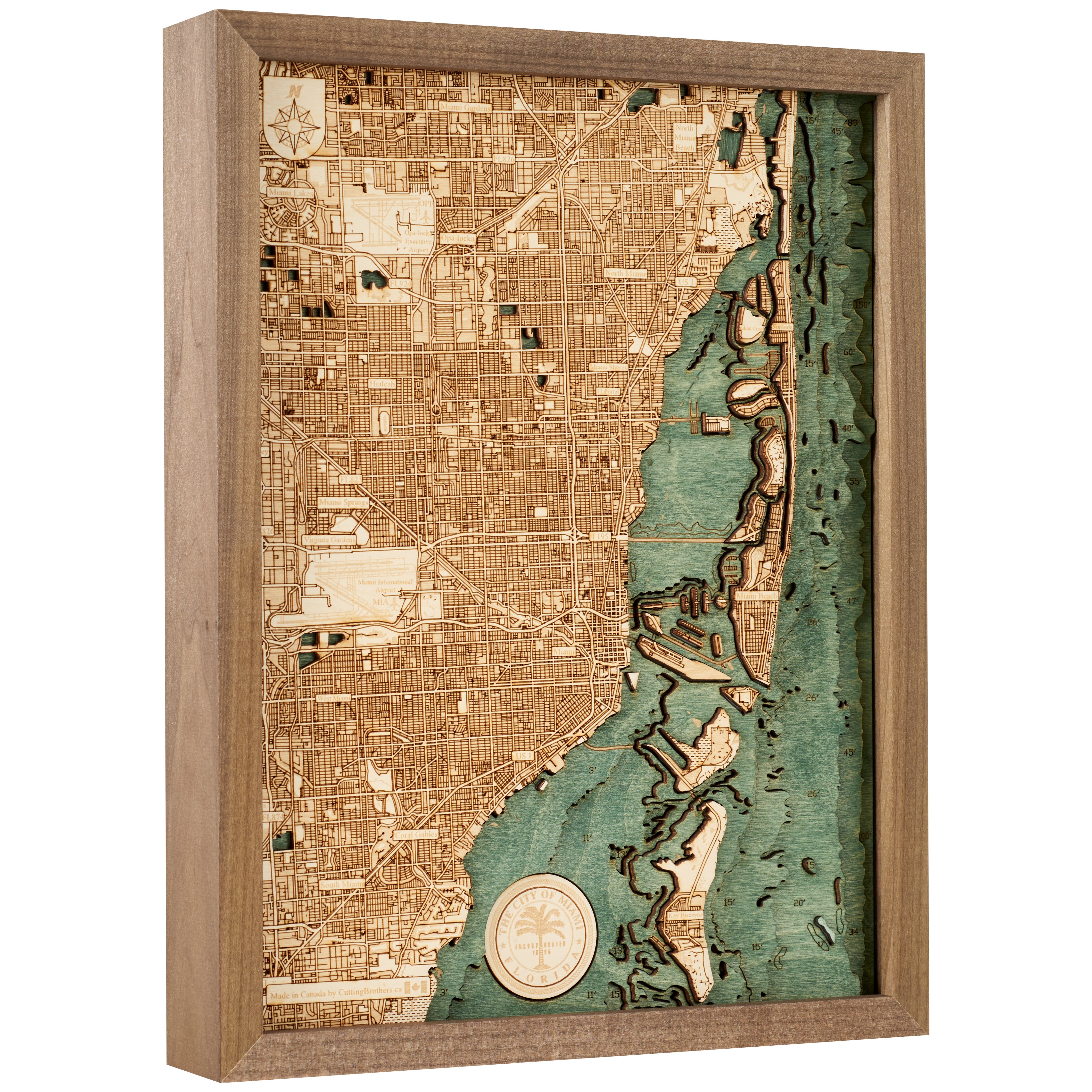 MIAMI BEACH 3D WOODEN WALL MAP - Version S