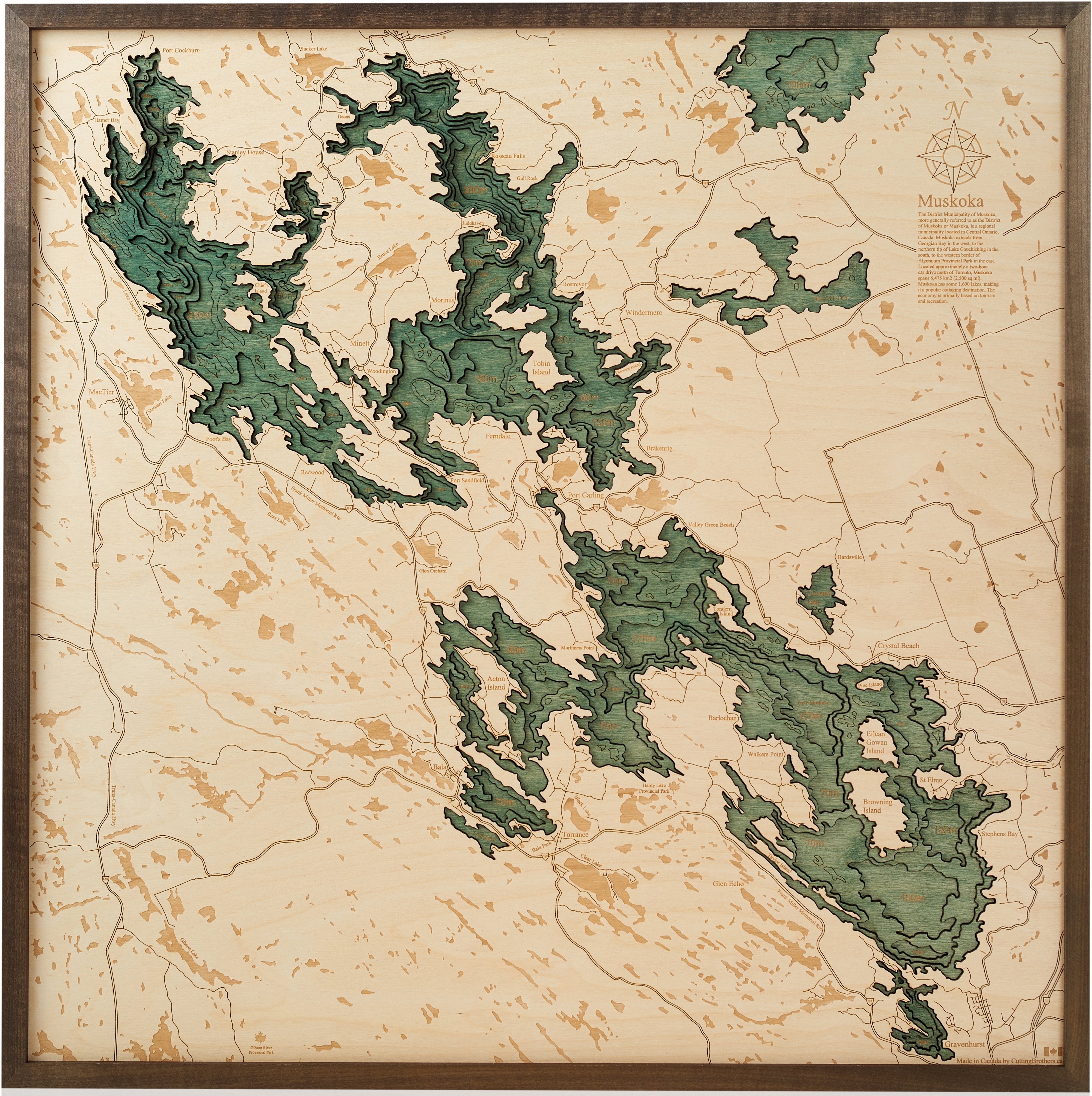 MUSKOKA LAKES 3D WOODEN WALL MAP - Version L