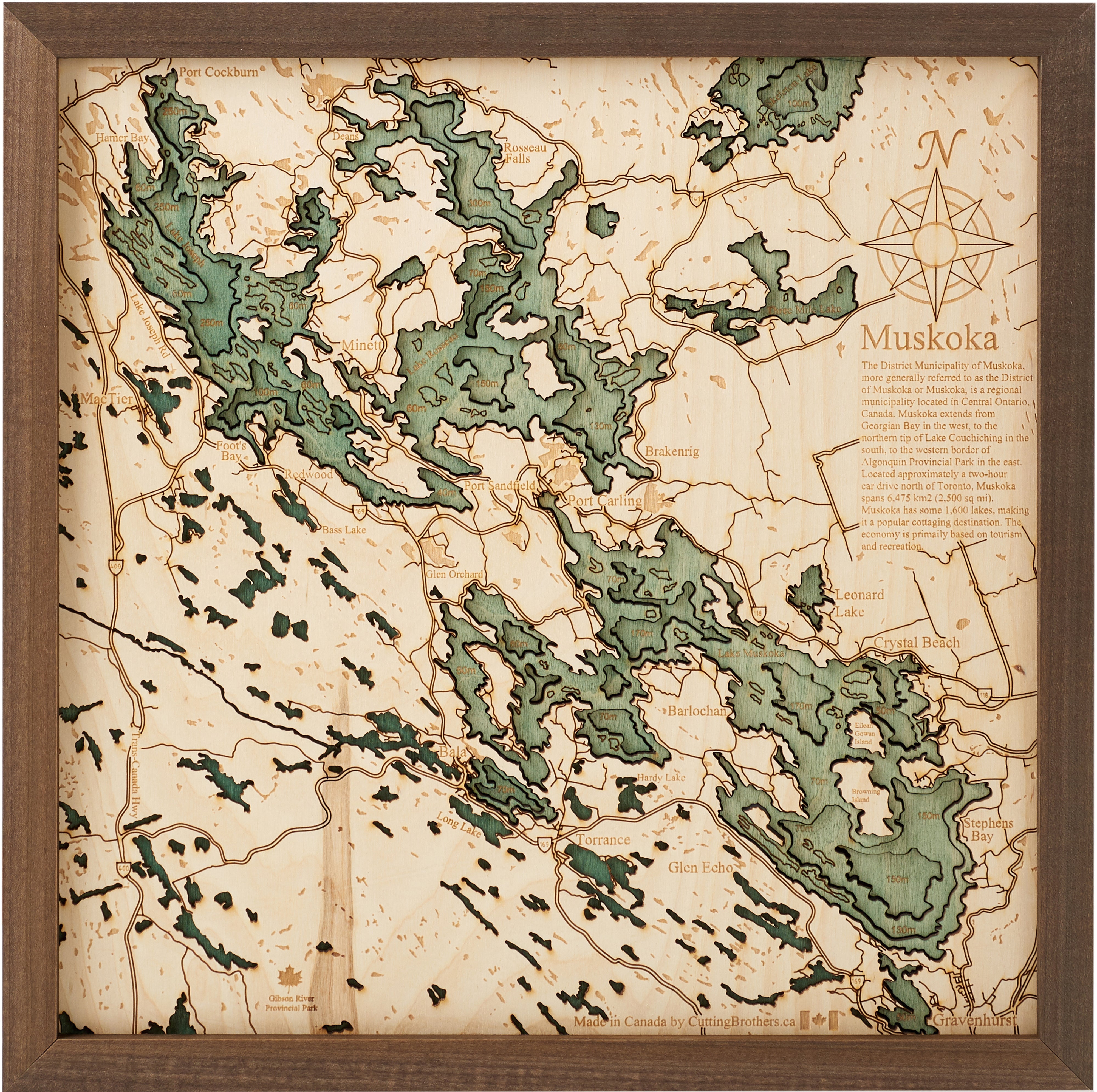 MUSKOKA LAKES 3D WOODEN WALL MAP - Version S