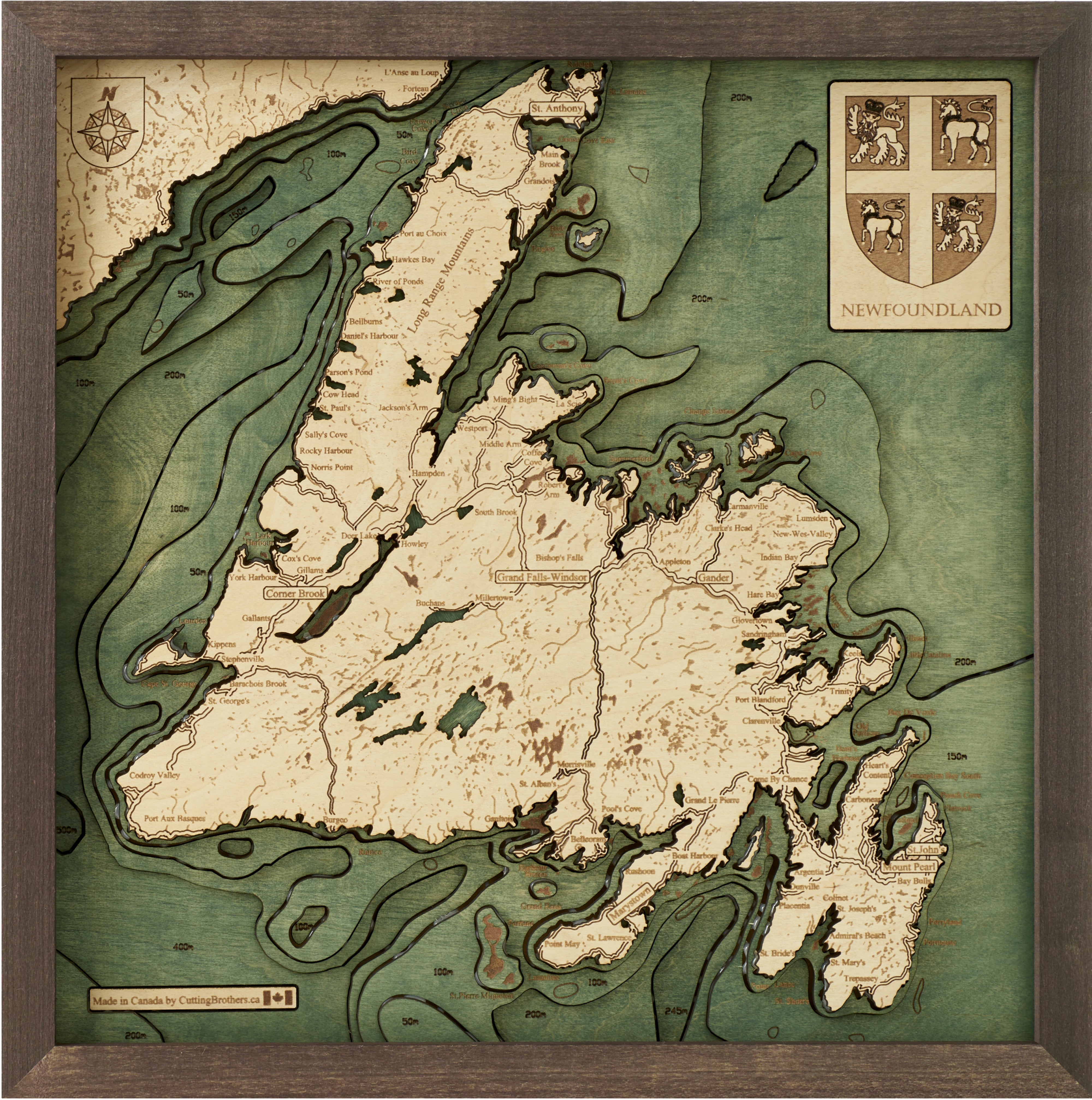 NEWFOUNDLAND ISLAND 3D WOODEN WALL MAP - Version S