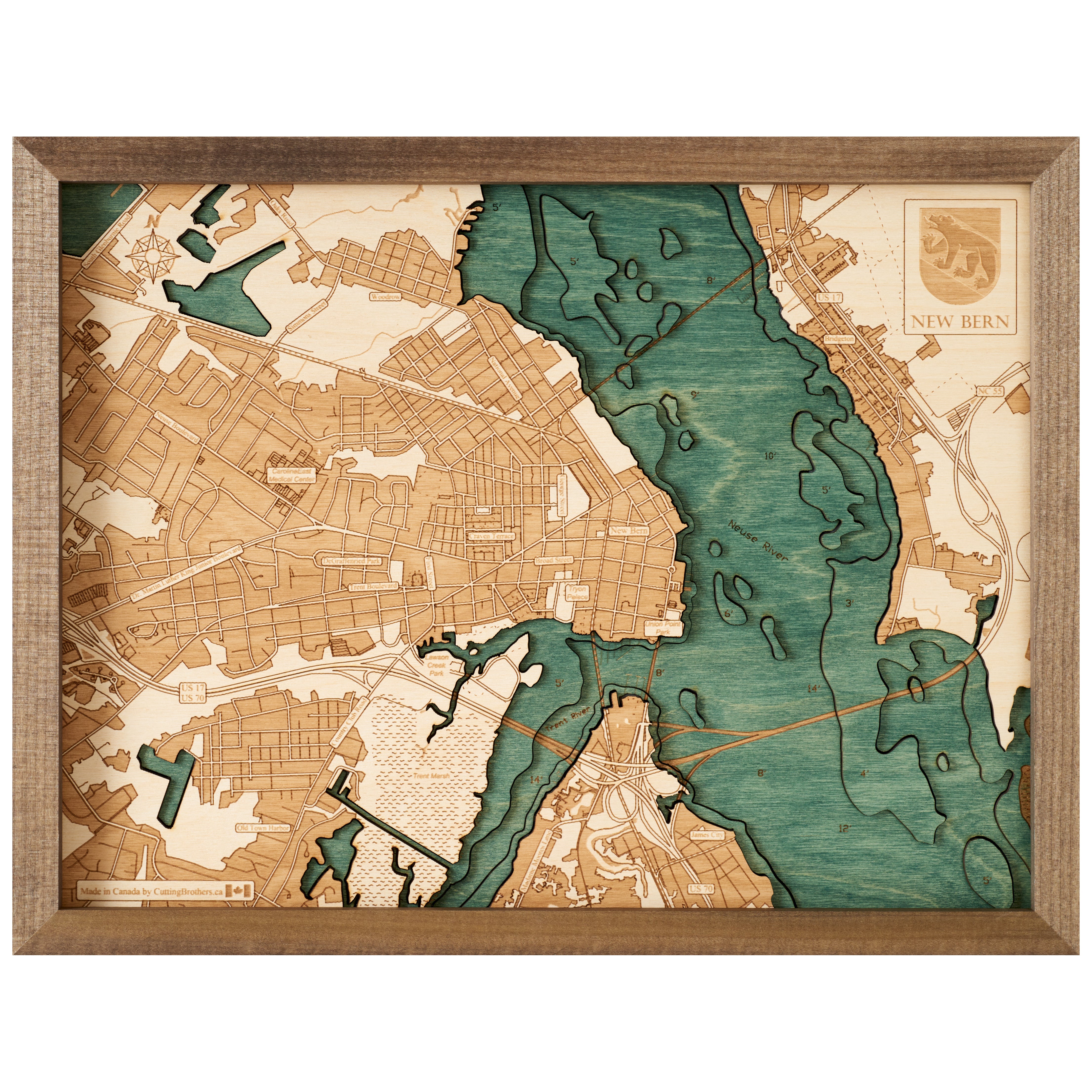 NEW BERN 3D WOODEN WALL MAP - Version S