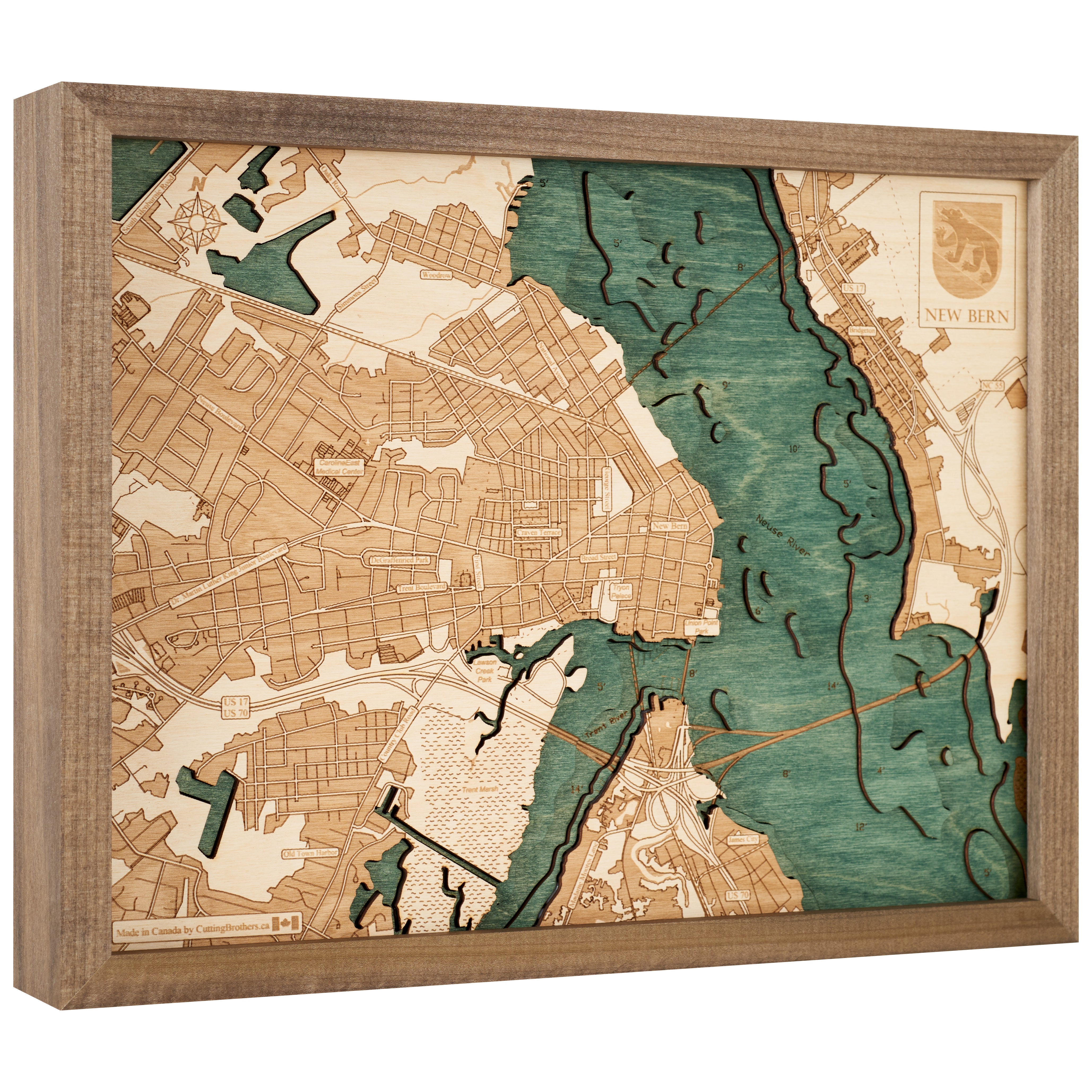 NEW BERN 3D WOODEN WALL MAP - Version S