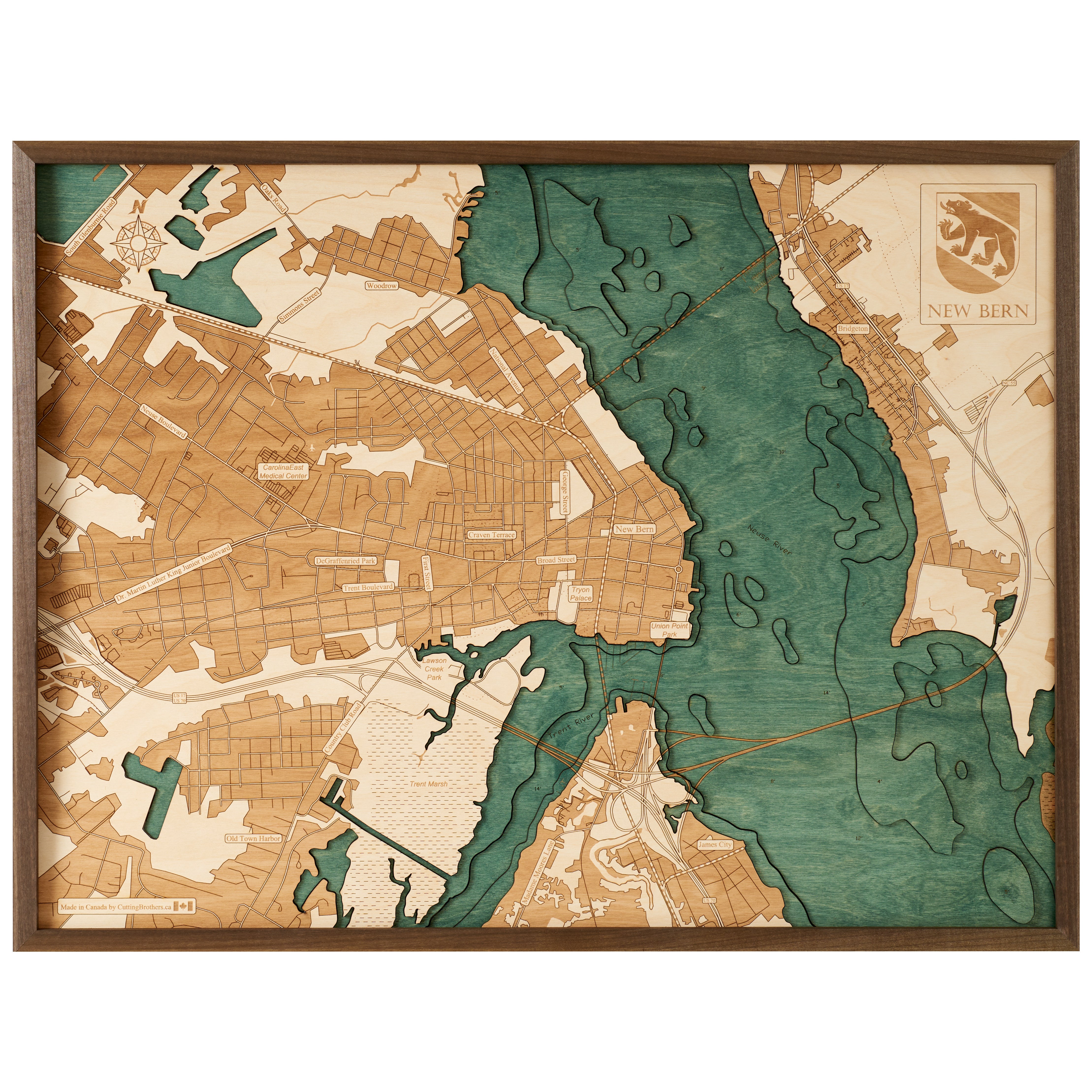 NEW BERN 3D WOODEN WALL MAP - Version L