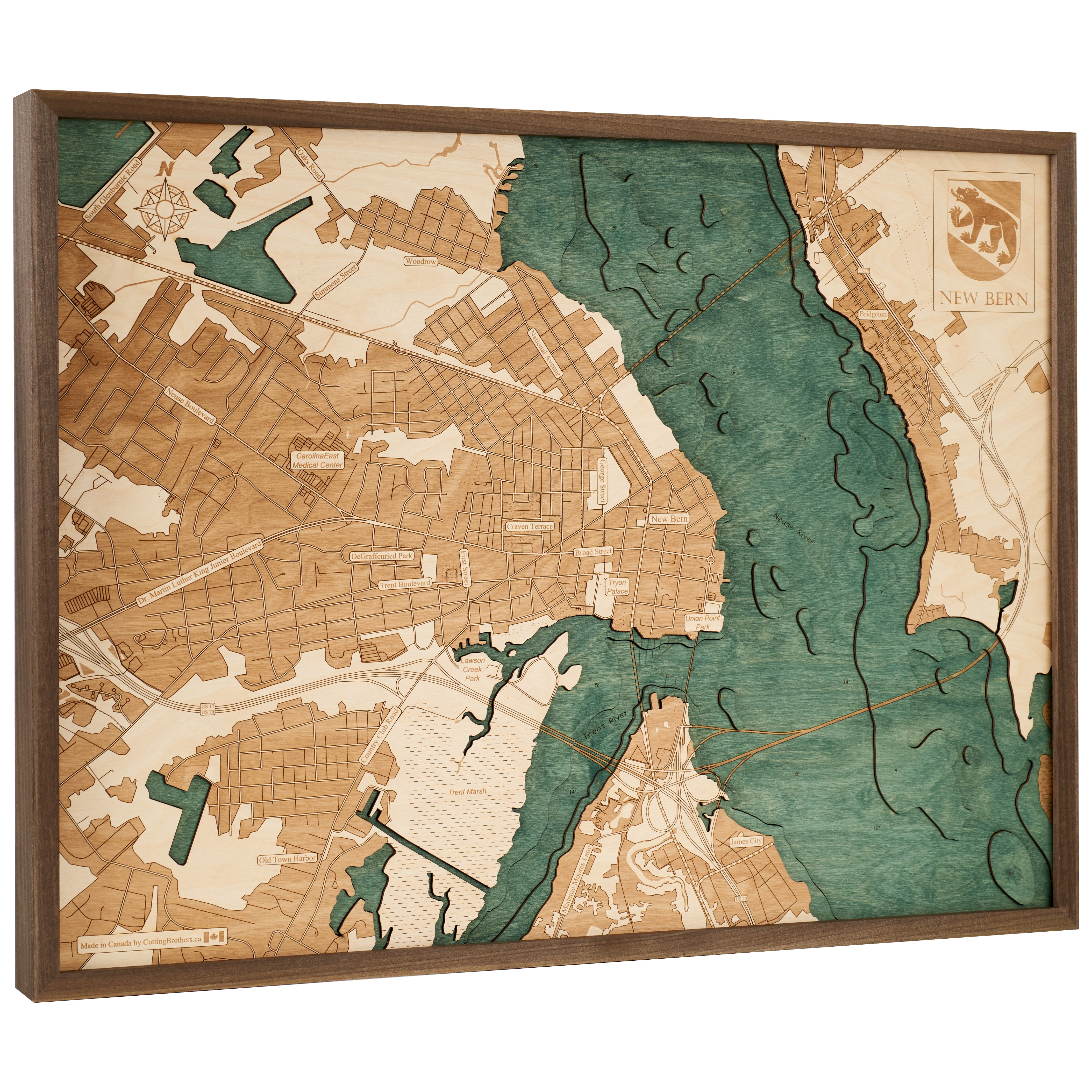 NEW BERN 3D WOODEN WALL MAP - Version L