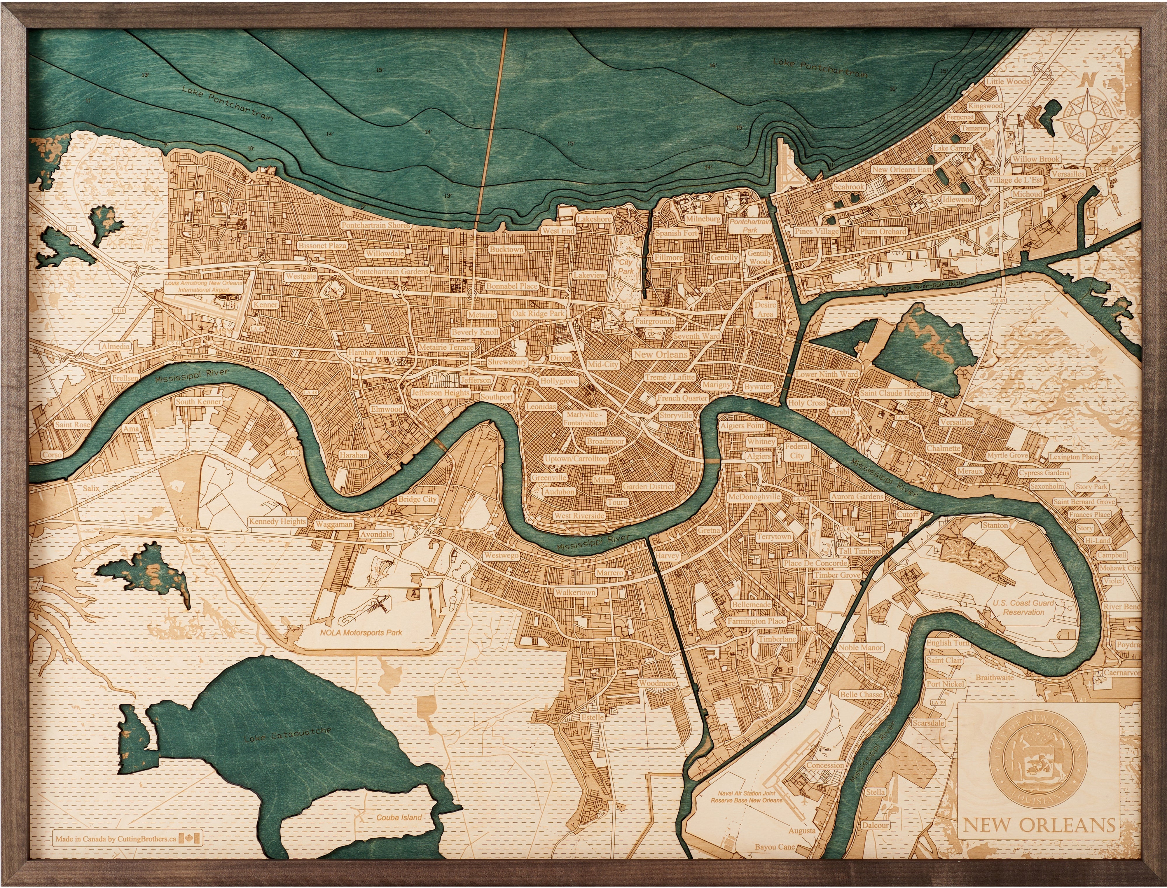 NEW ORLEANS 3D WOODEN WALL MAP - Version L