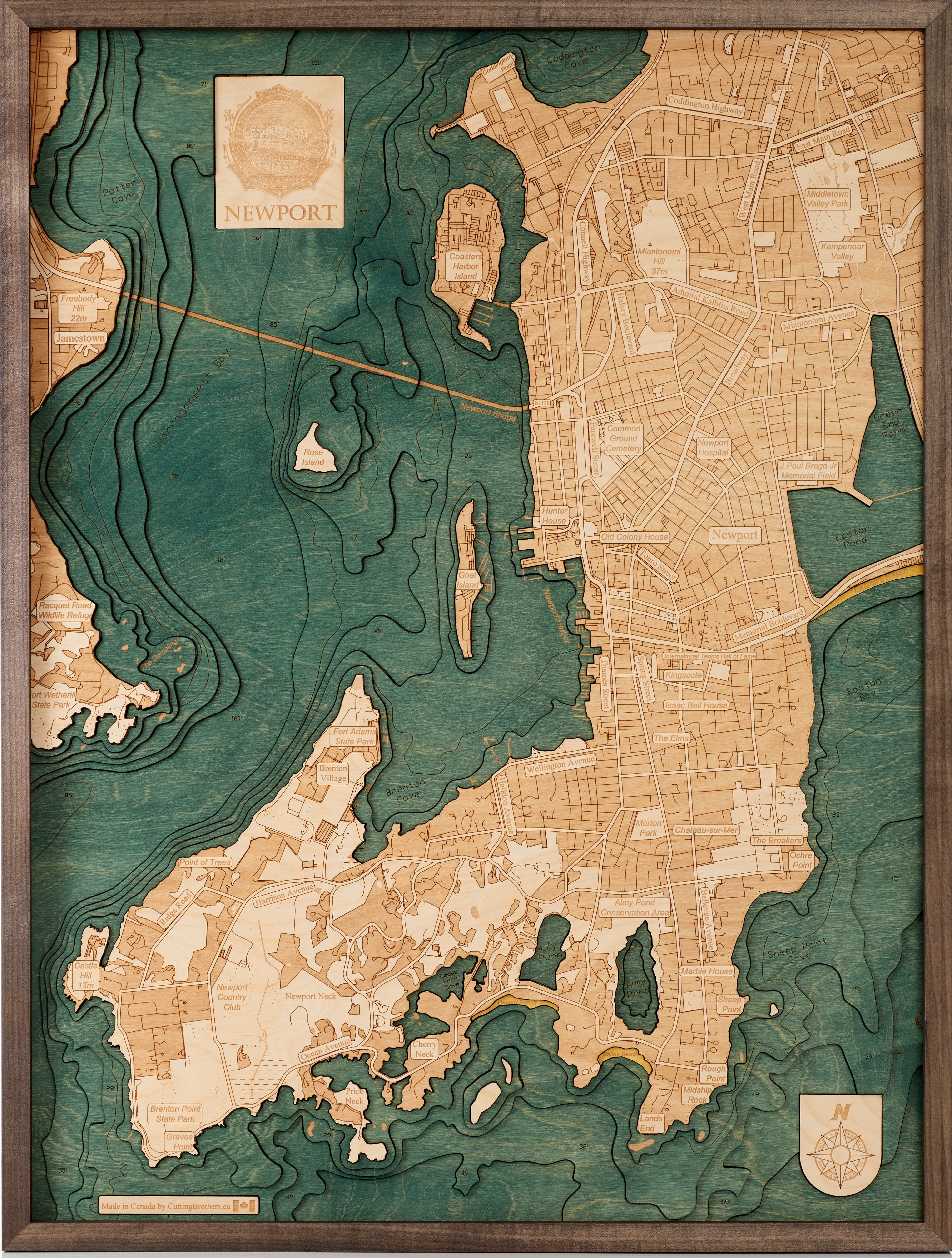 NEWPORT (RI) 3D WOODEN WALL MAP - Version L