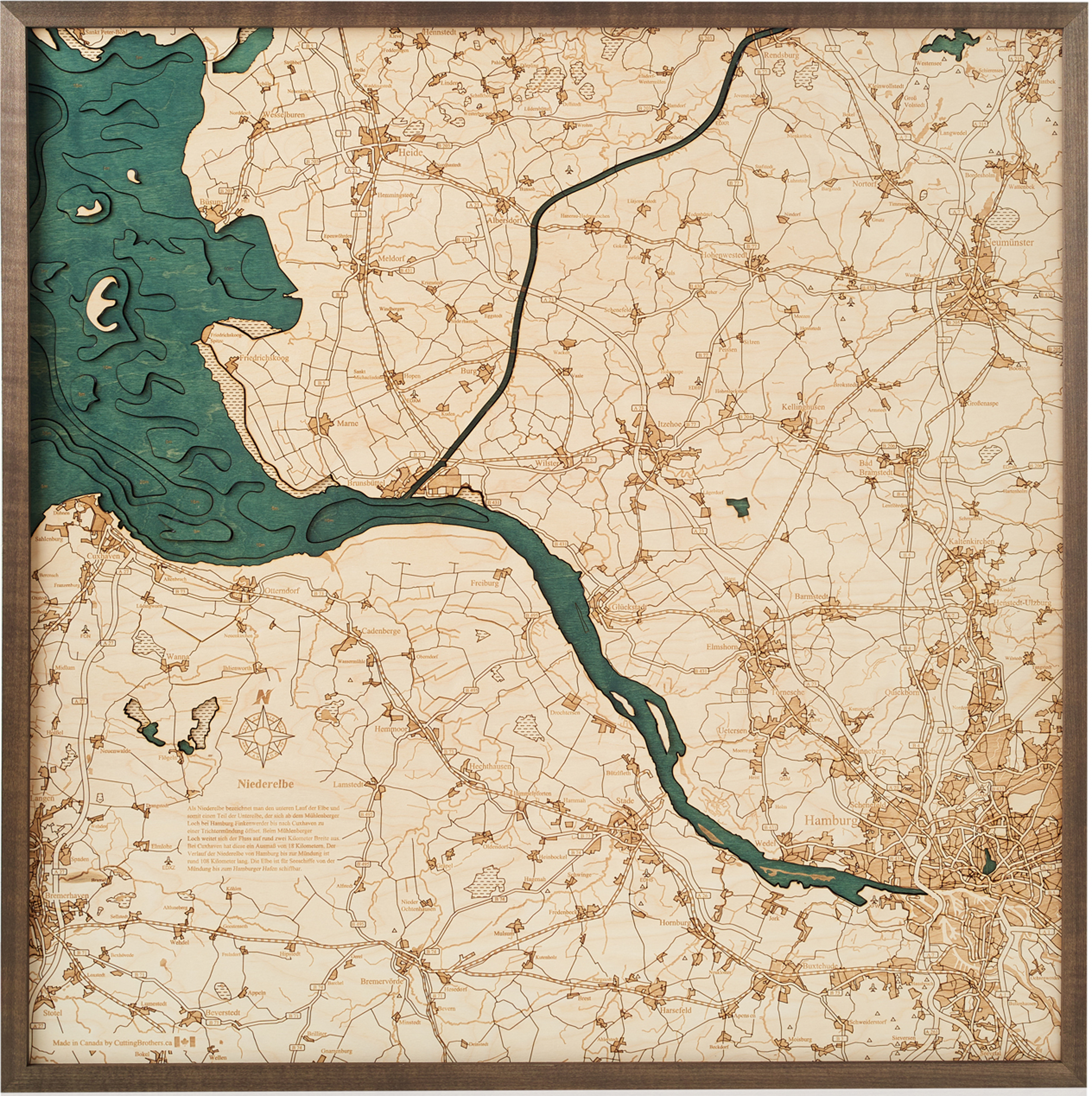 LOWER ELBE 3D WOODEN WALL MAP - Version L