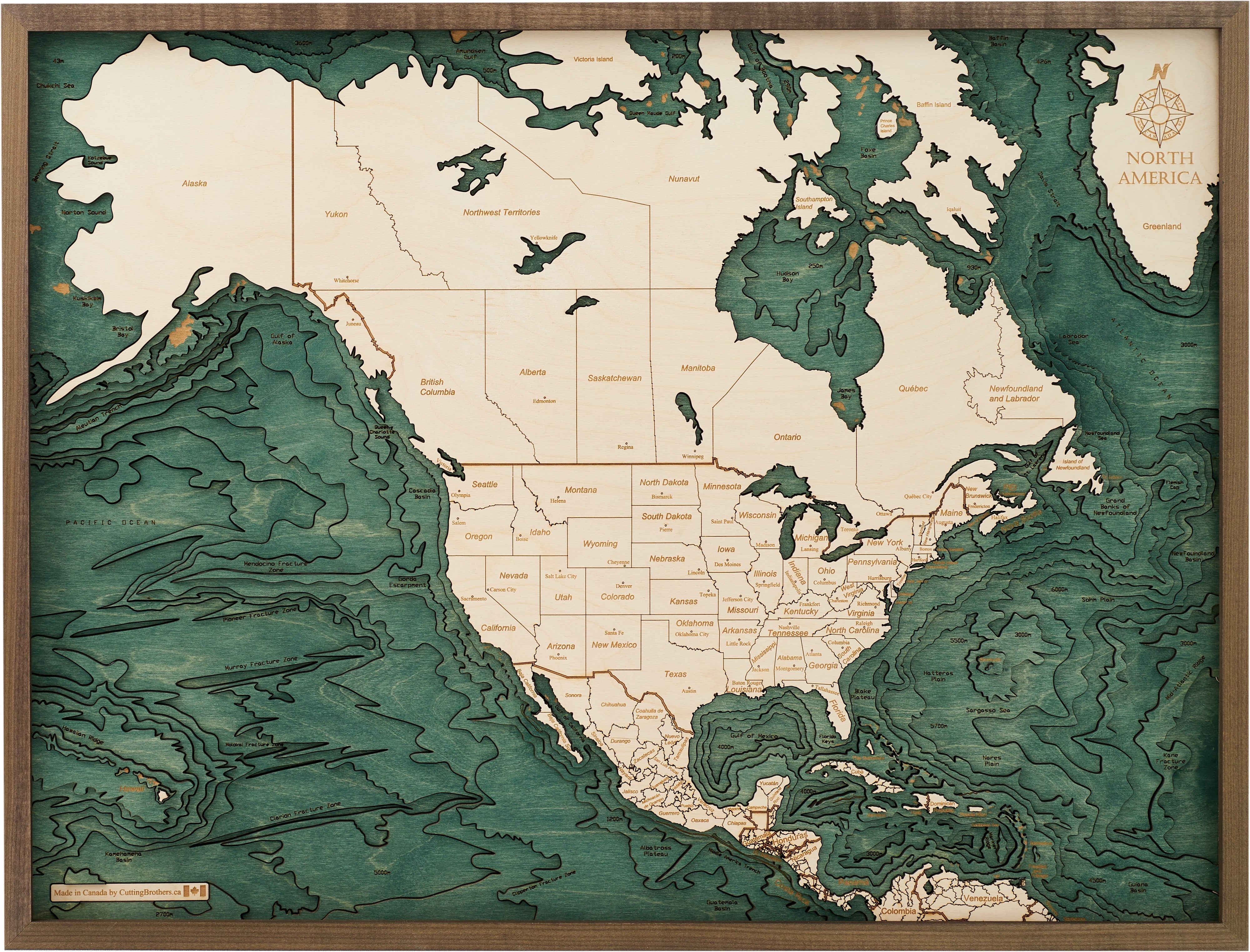 NORTH AMERICA 3D WOODEN WALL MAP - Version L