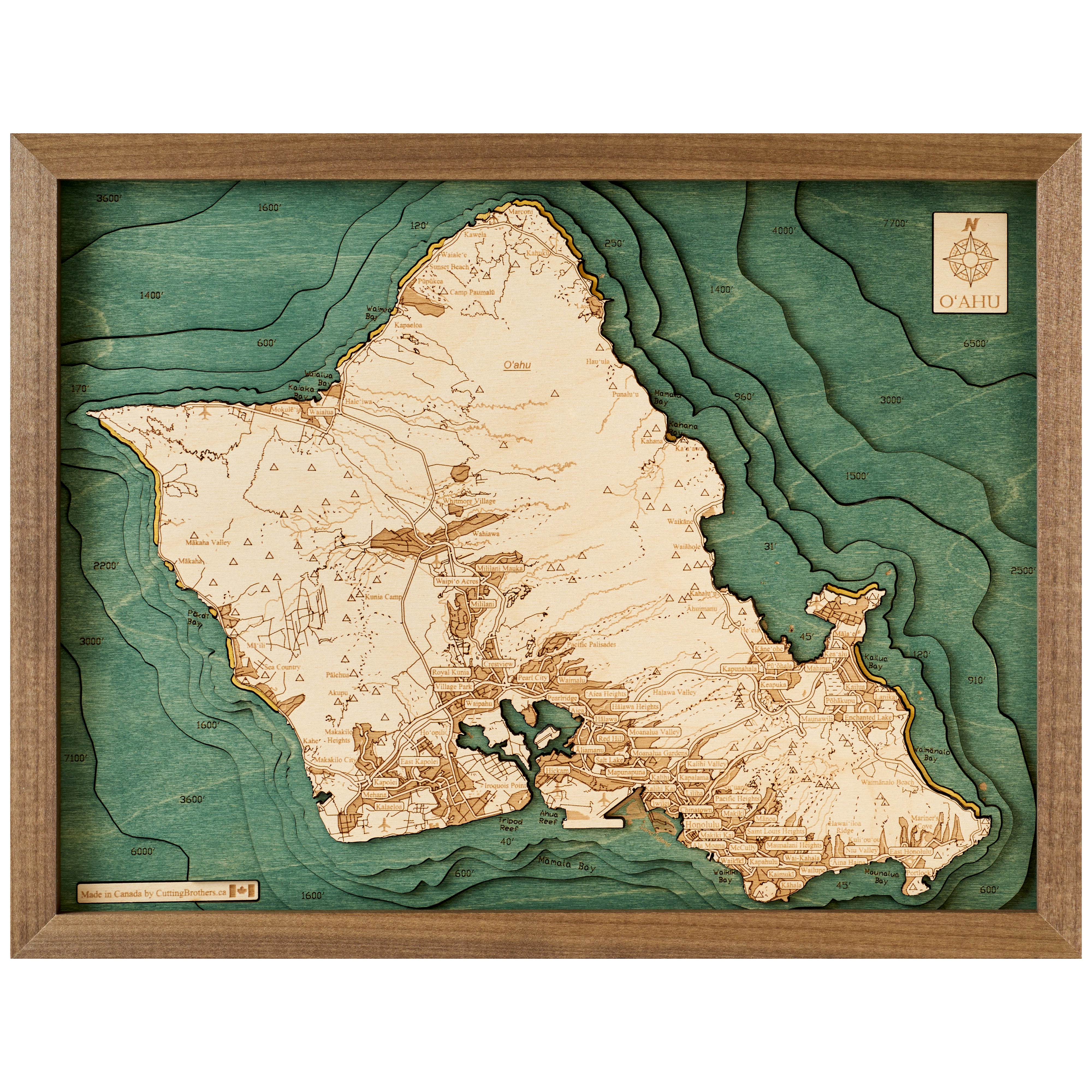 OAHU 3D WOODEN WALL MAP - Version S