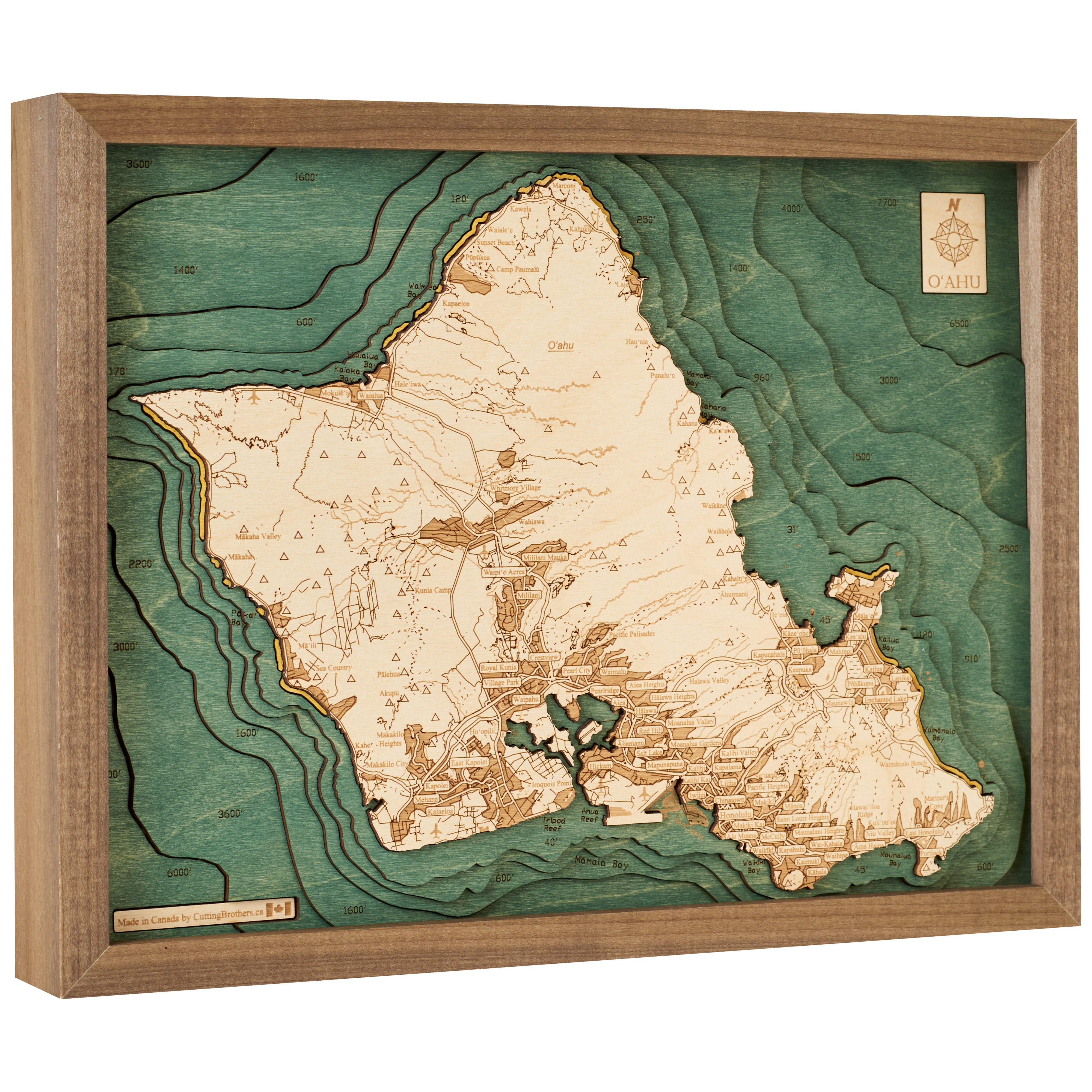 OAHU 3D WOODEN WALL MAP - Version S