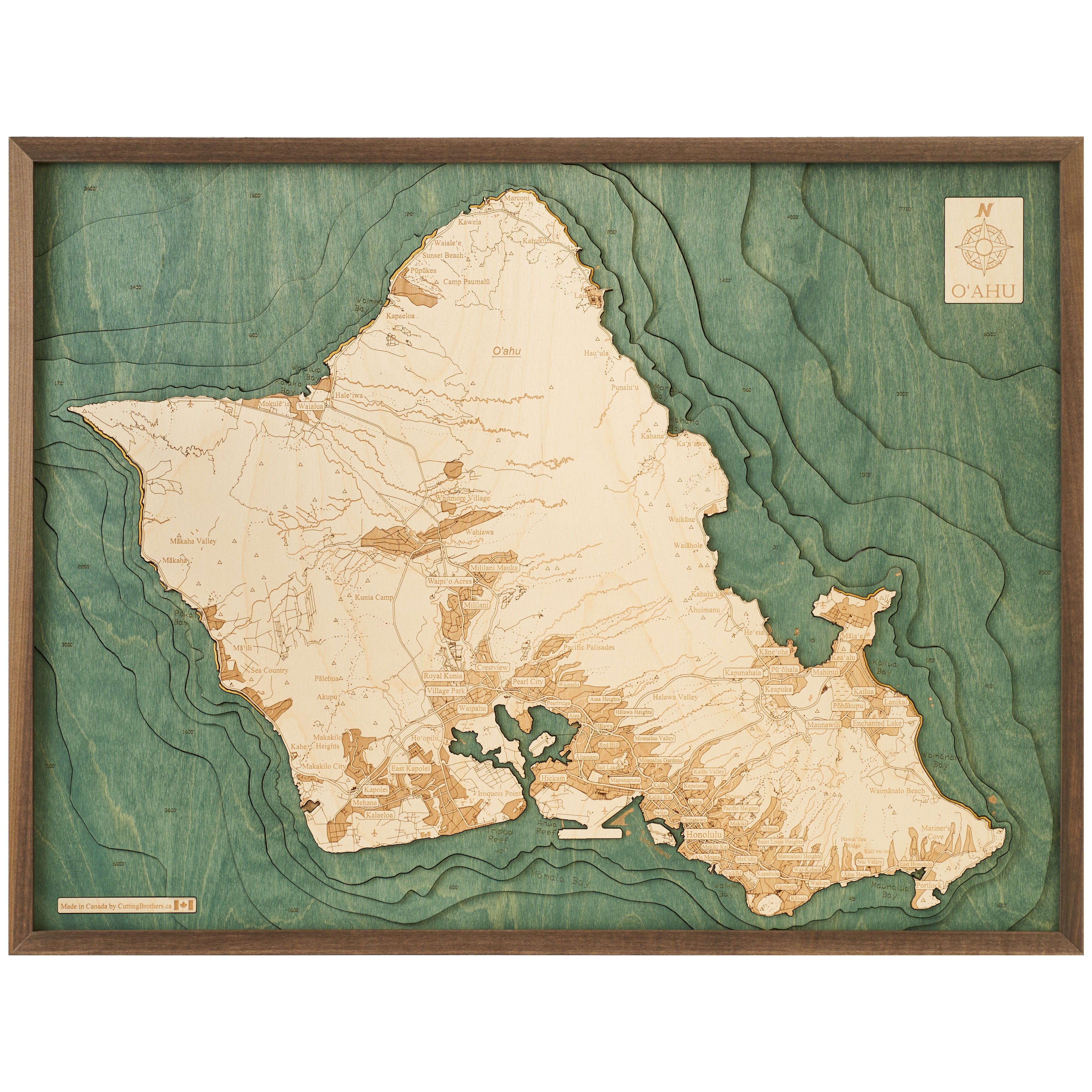 OAHU 3D WOODEN WALL MAP - Version L