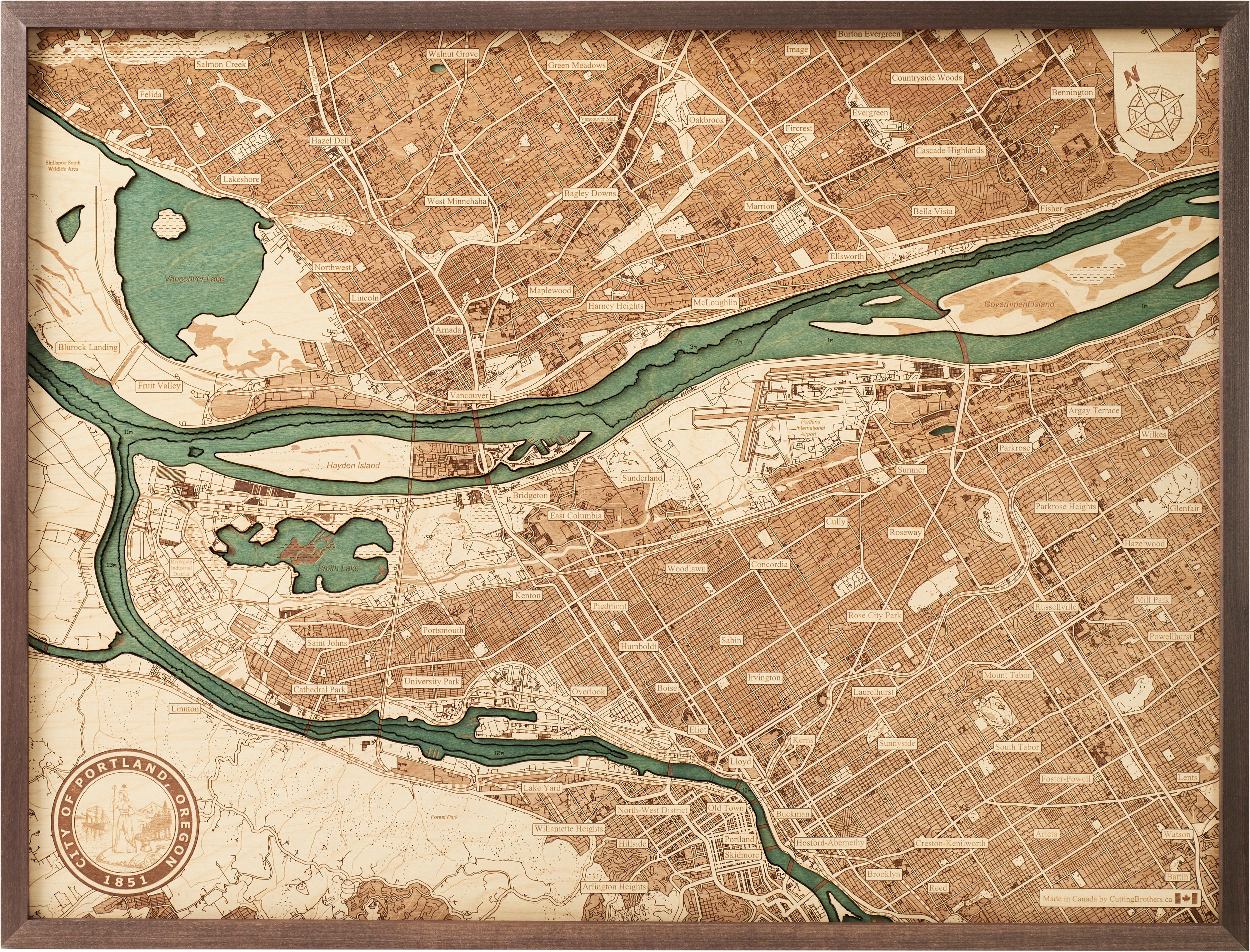 PORTLAND 3D WOODEN WALL MAP - Version L