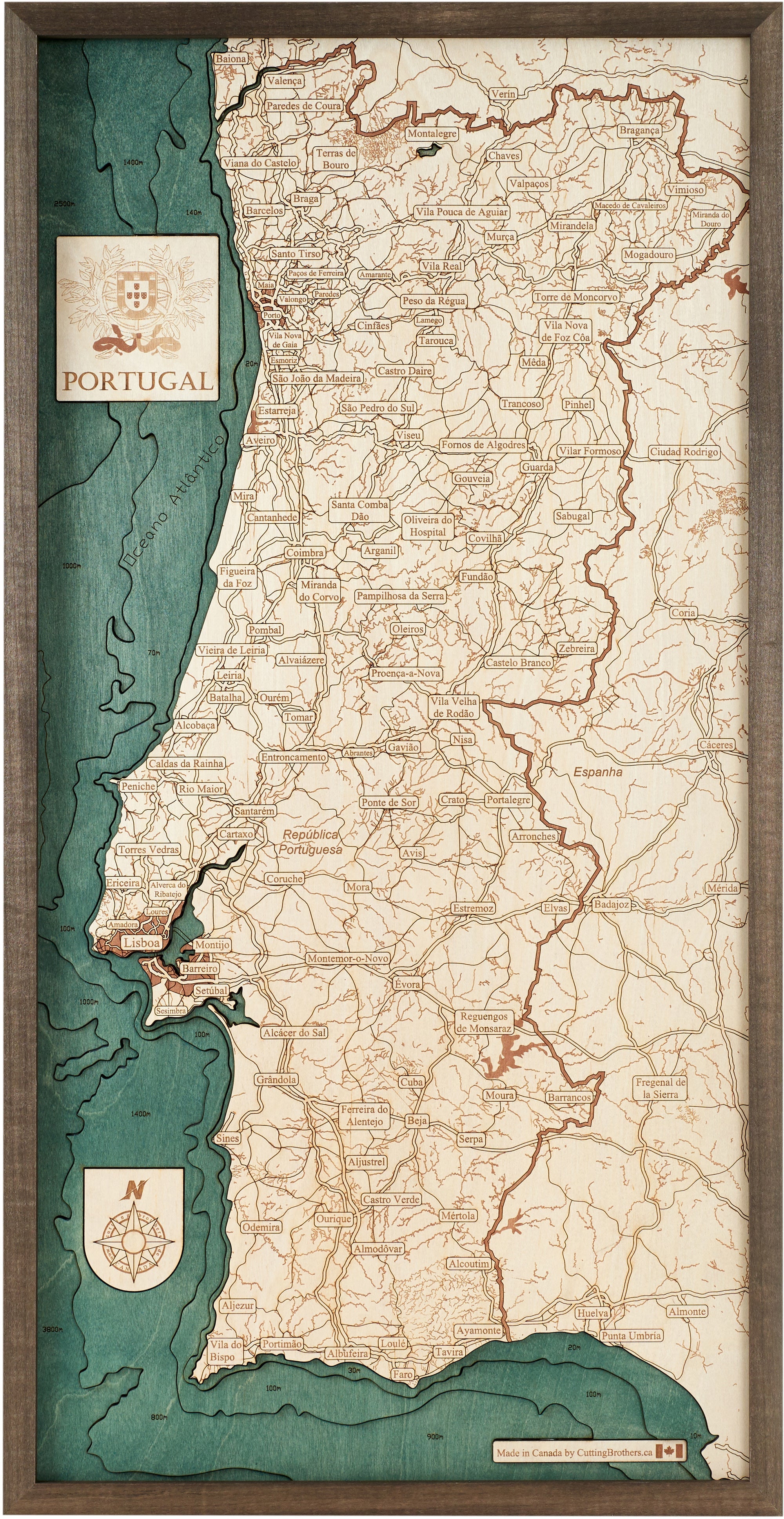 PORTUGAL 3D WOODEN WALL MAP - Version M