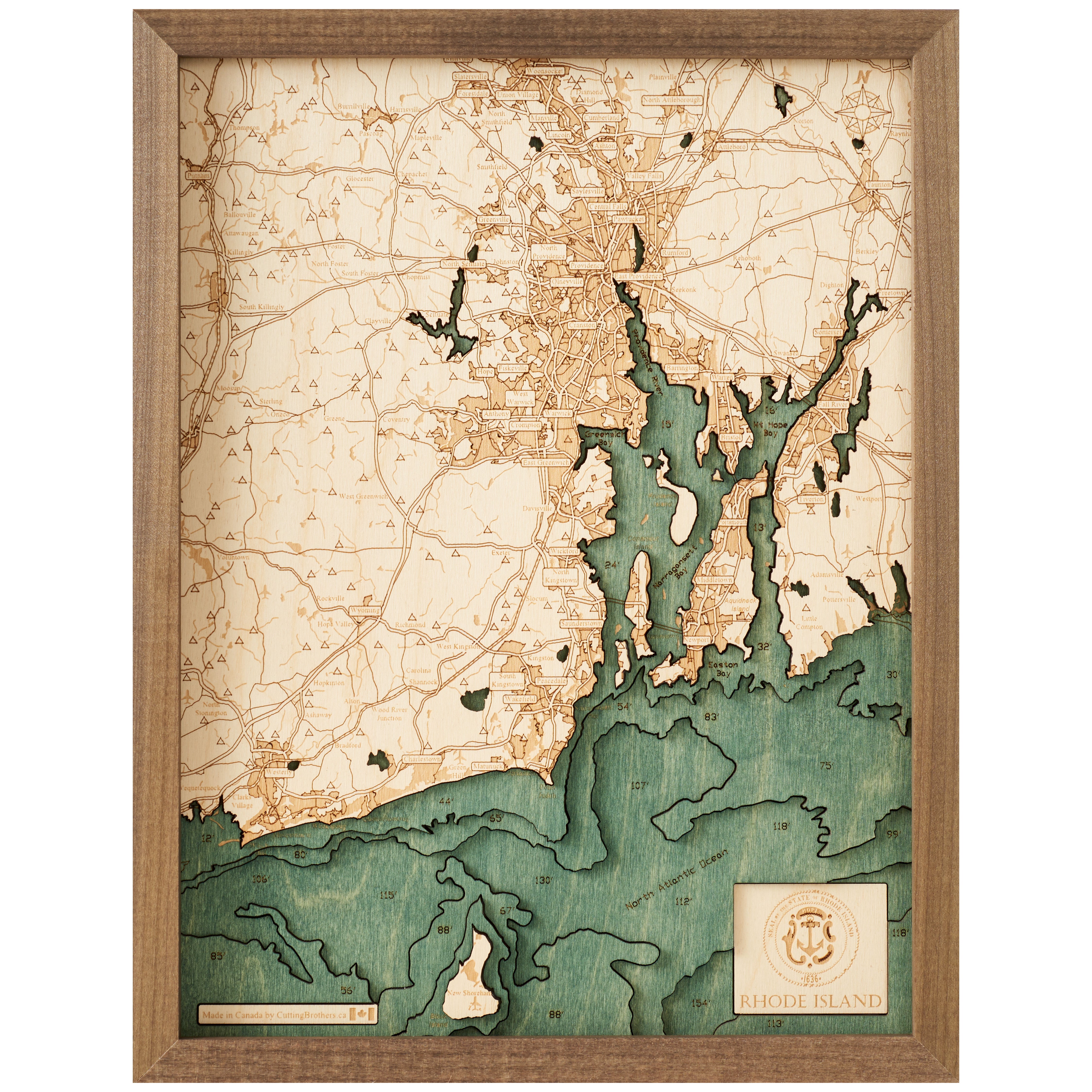 RHODE ISLAND 3D WOODEN WALL MAP - Version S