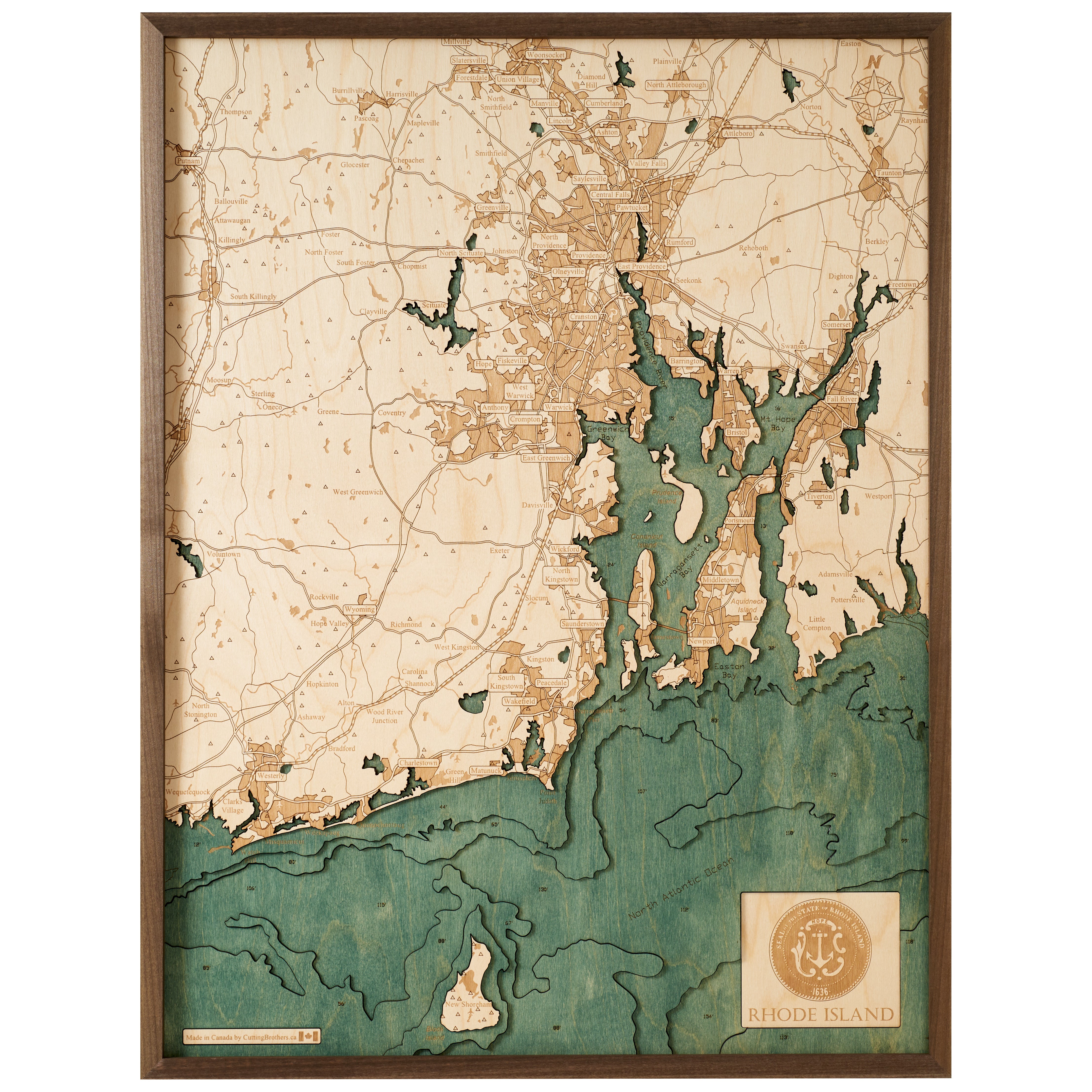 RHODE ISLAND 3D WOODEN WALL MAP - Version L