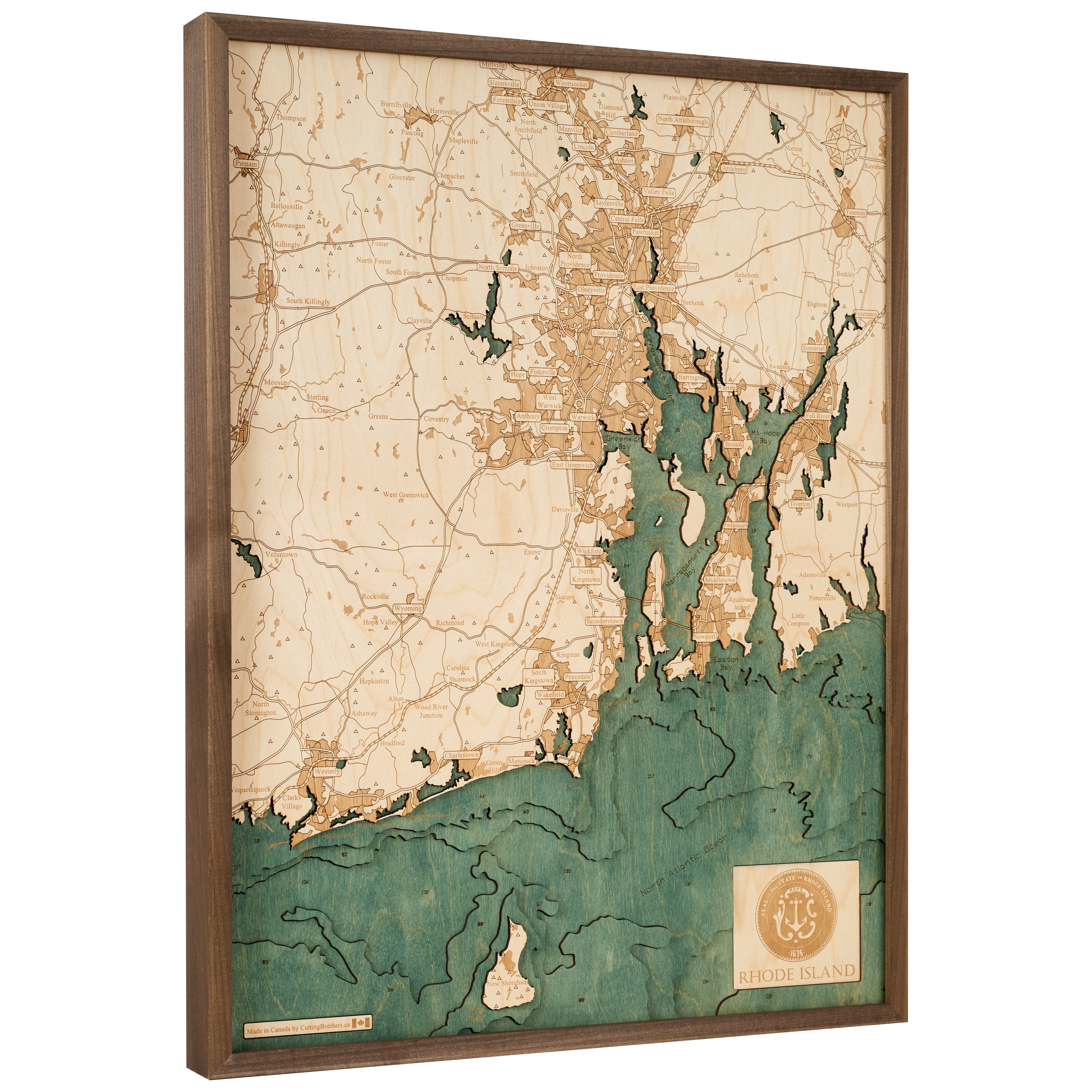 RHODE ISLAND 3D WOODEN WALL MAP - Version L