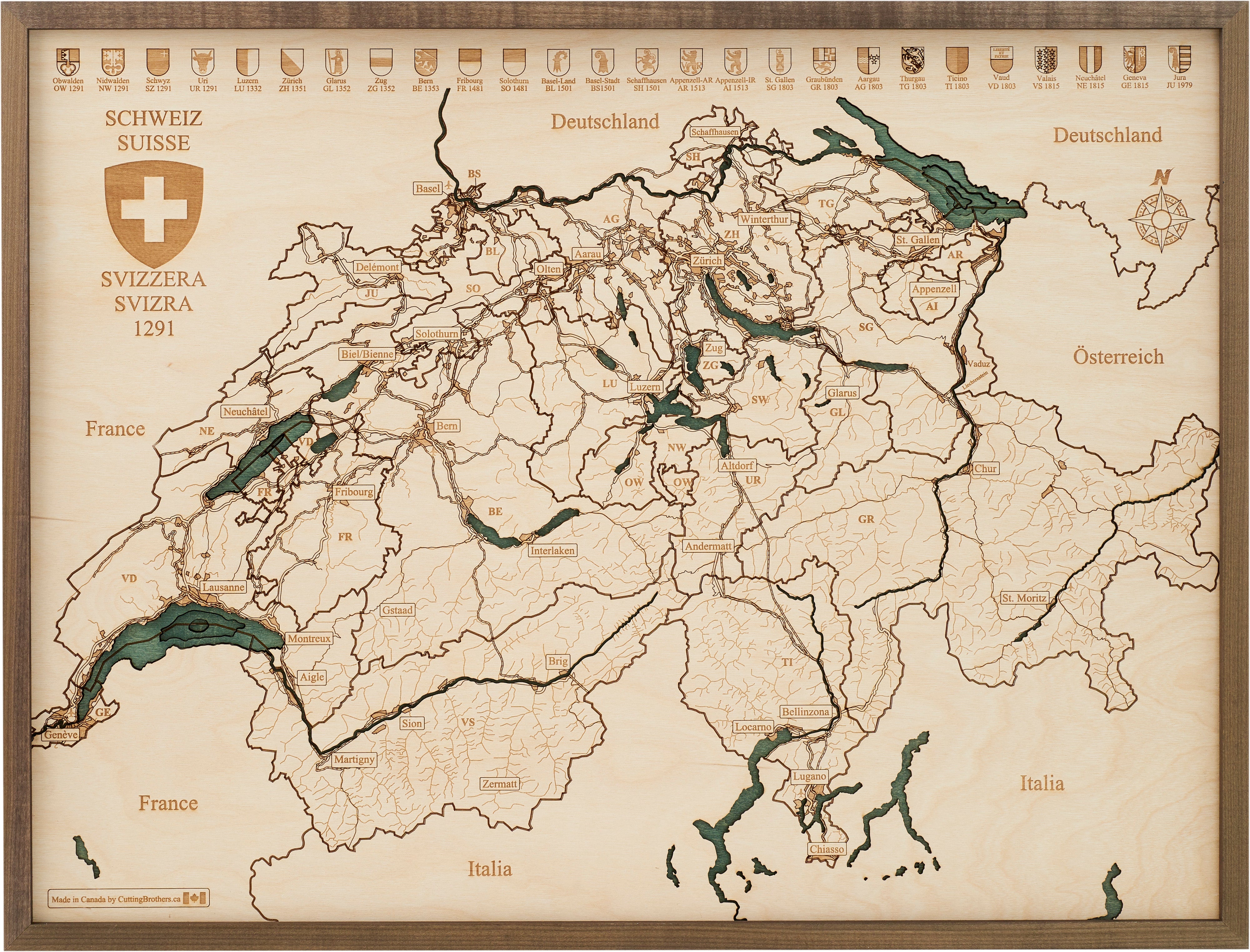 SWITZERLAND 3D WOODEN WALL MAP - Version L