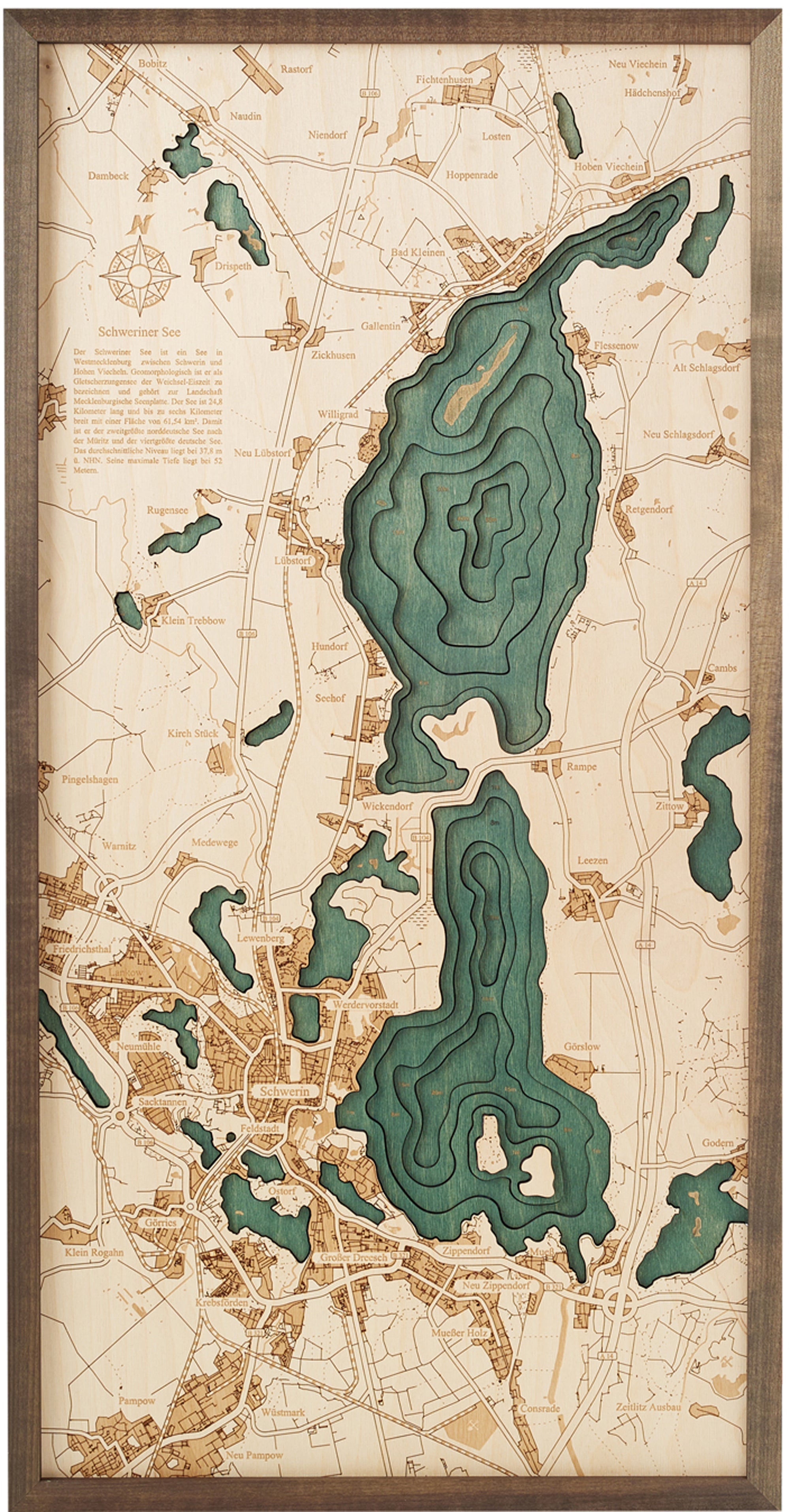 SCHWERIN LAKE 3D WOODEN WALL MAP - Version M