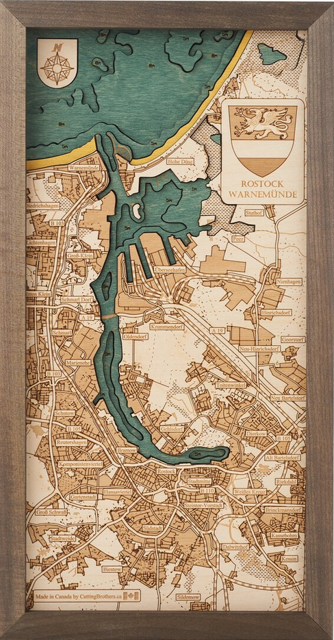 ROSTOCK-WARNEMUENDE 3D WOODEN WALL MAP - Version S