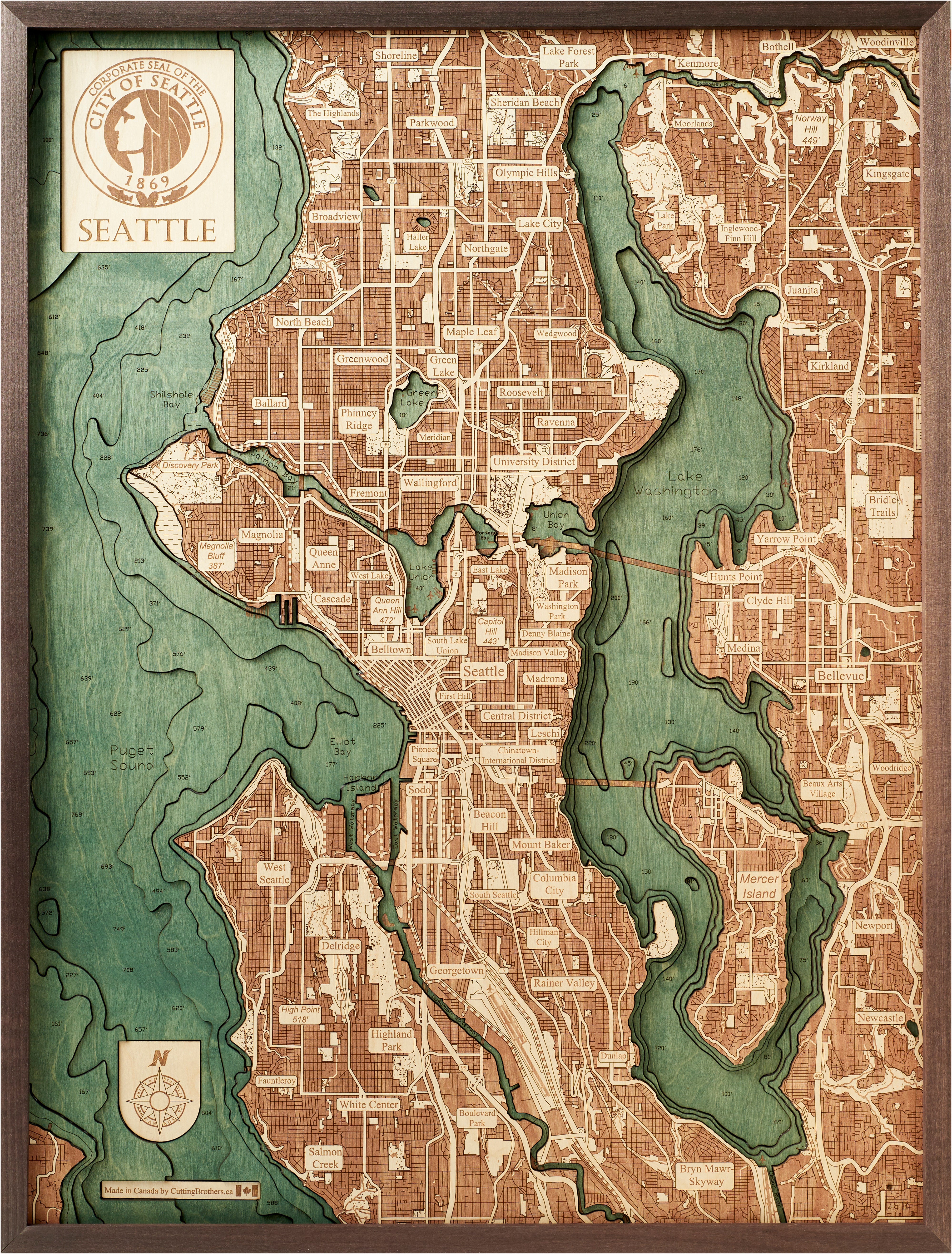 SEATTLE 3D WOODEN WALL MAP - Version L