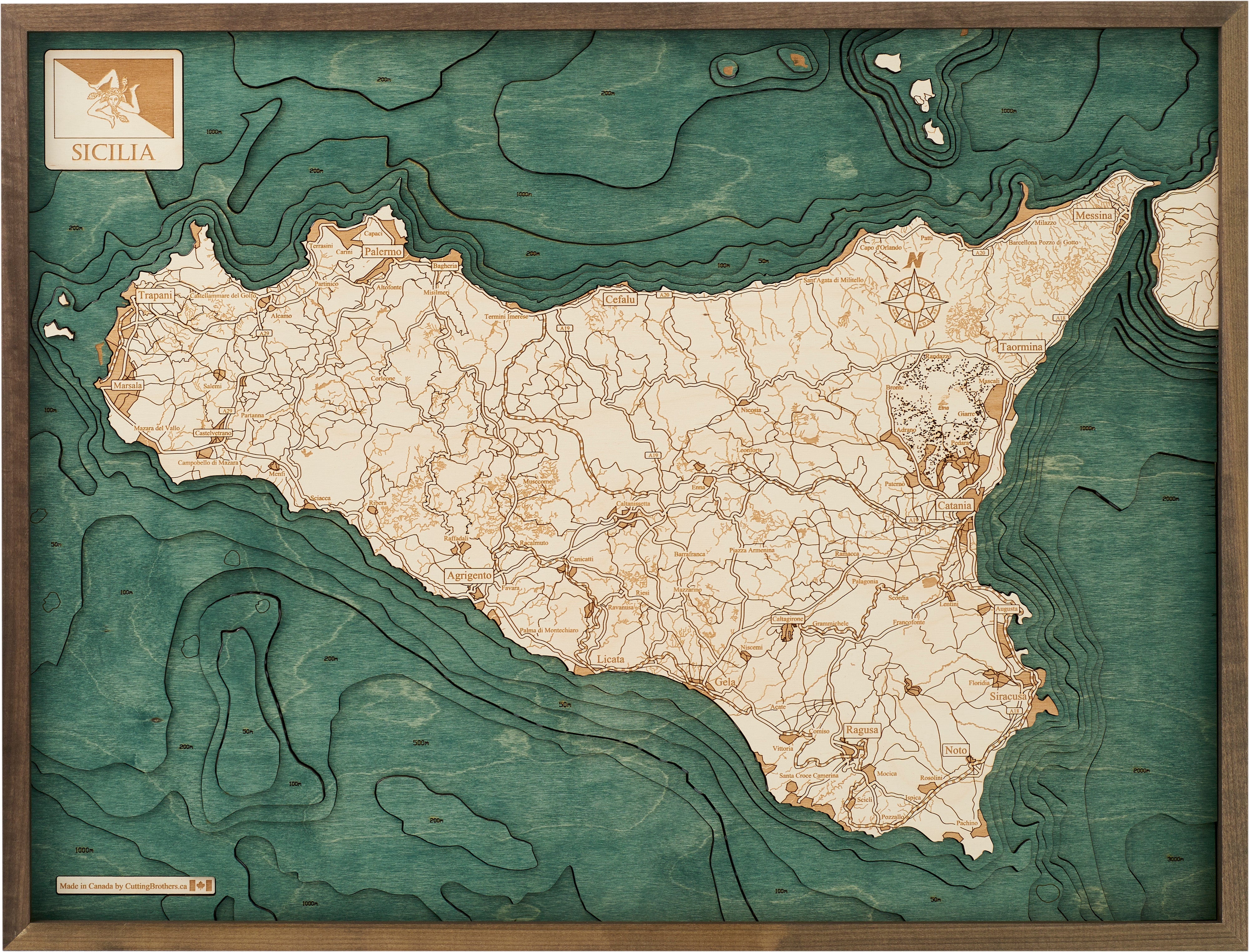 SICILY 3D WOODEN WALL MAP - Version L