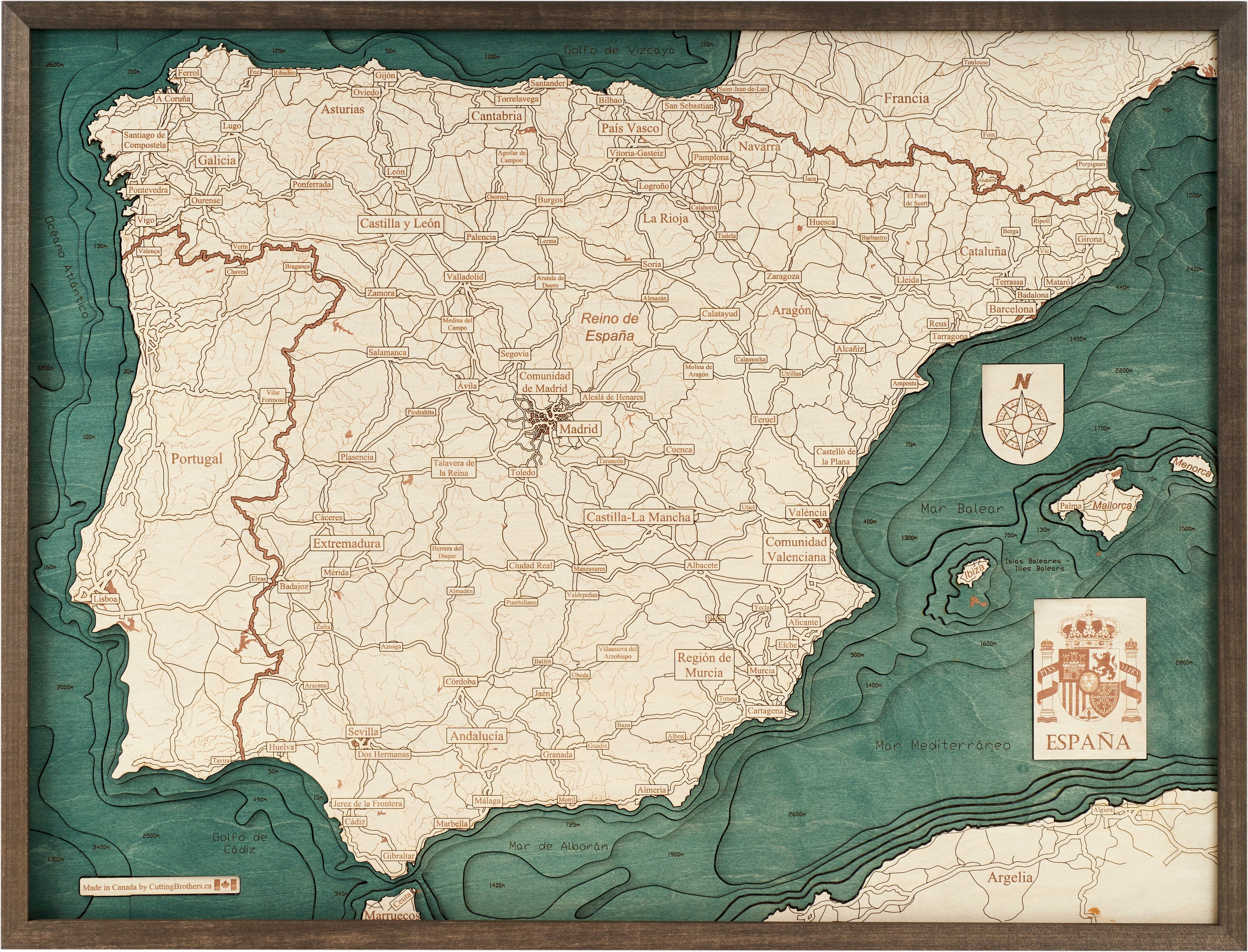 SPAIN 3D WOODEN WALL MAP - Version L