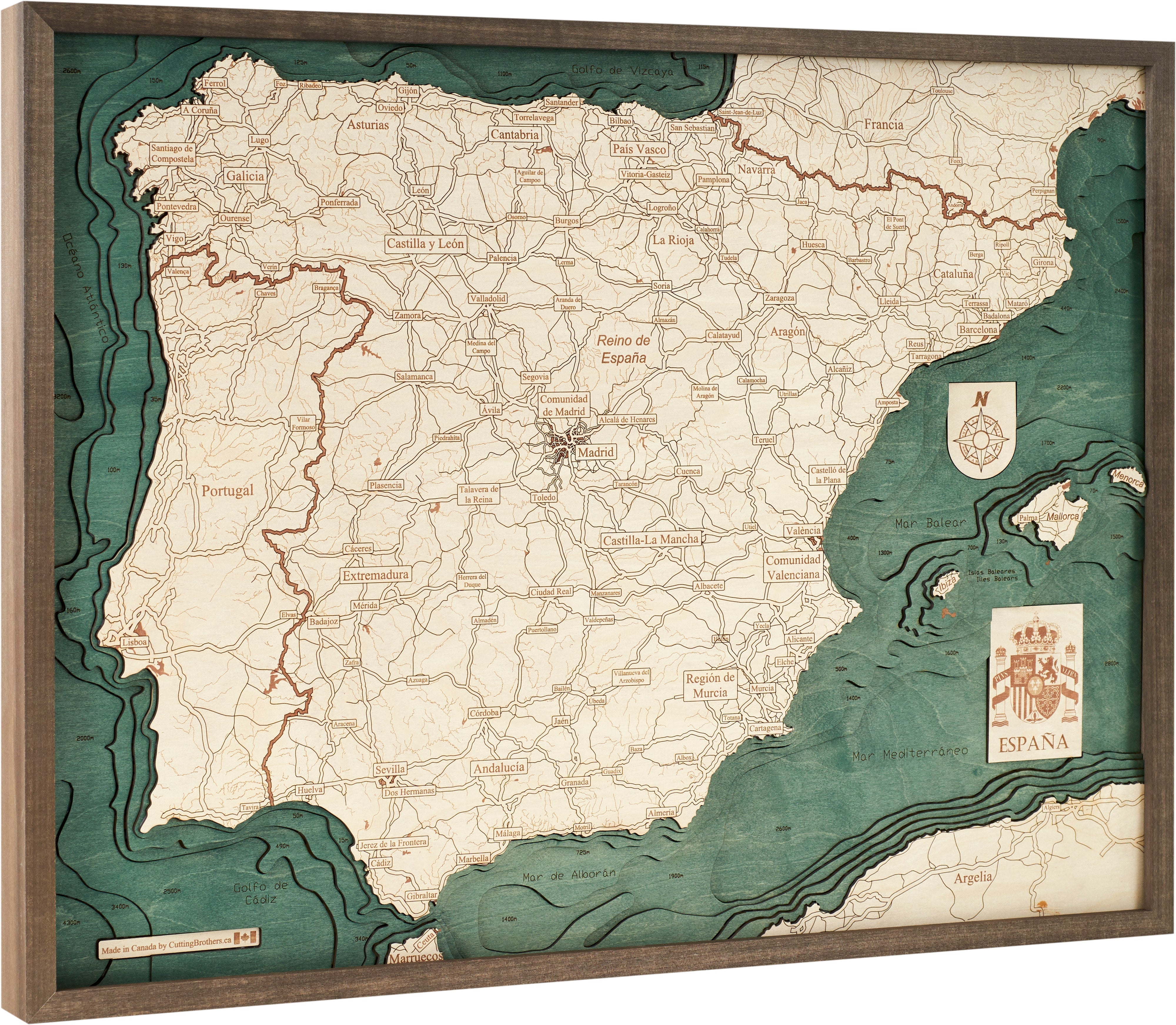 SPAIN 3D WOODEN WALL MAP - Version L