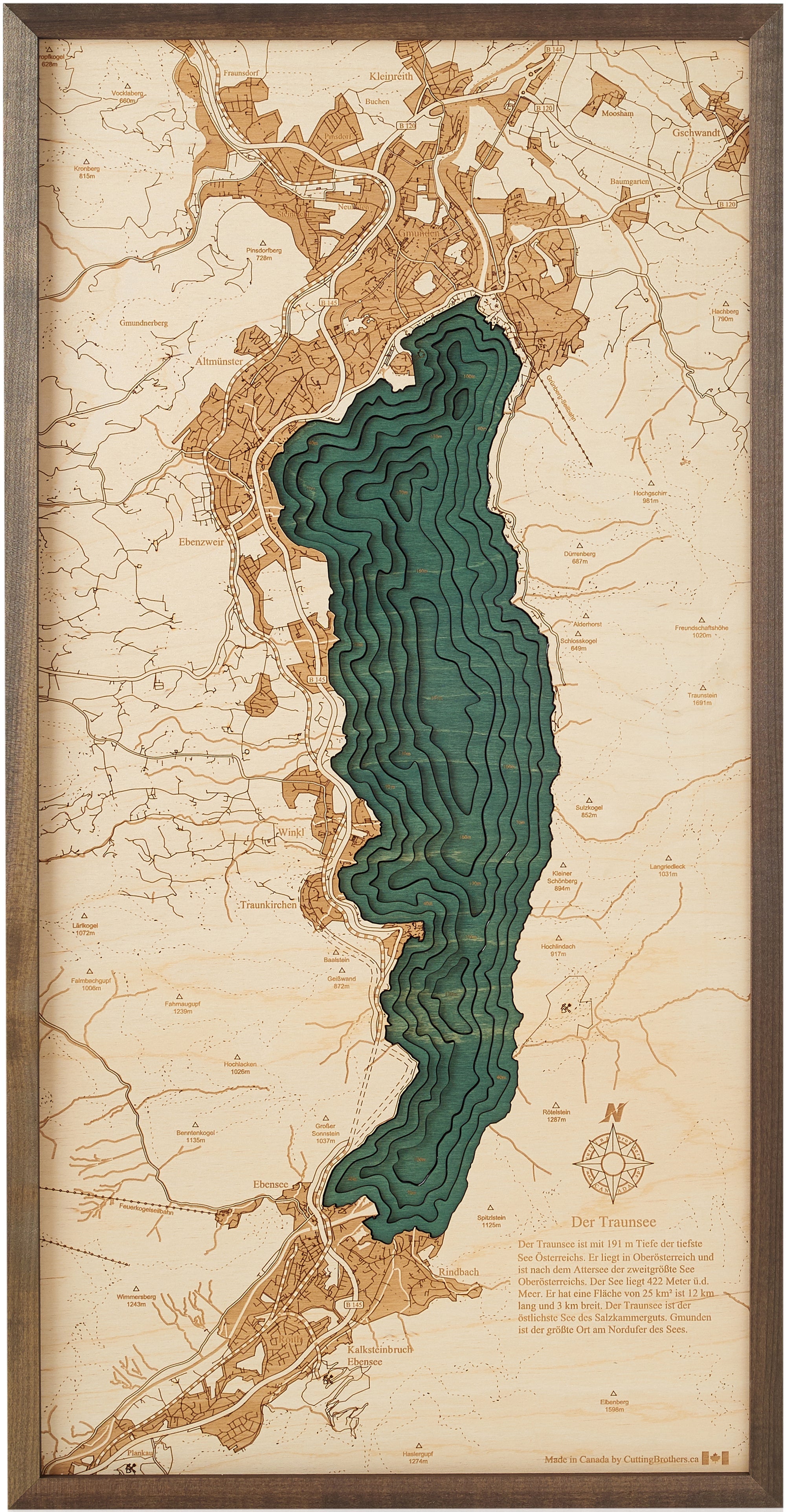 TRAUNSEA 3D WOODEN WALL MAP - Version M