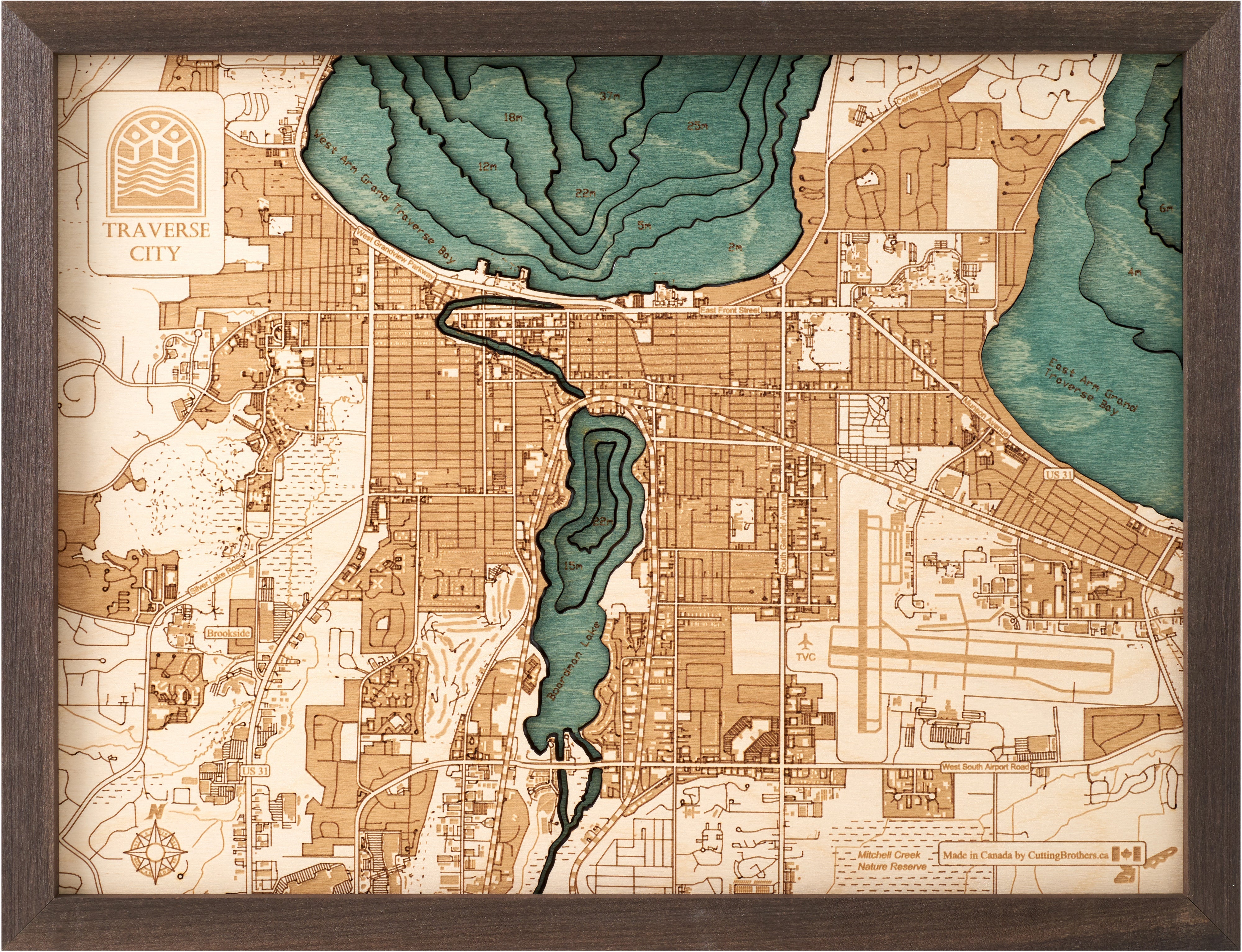 TRAVERSE CITY 3D WOODEN WALL MAP - Version S