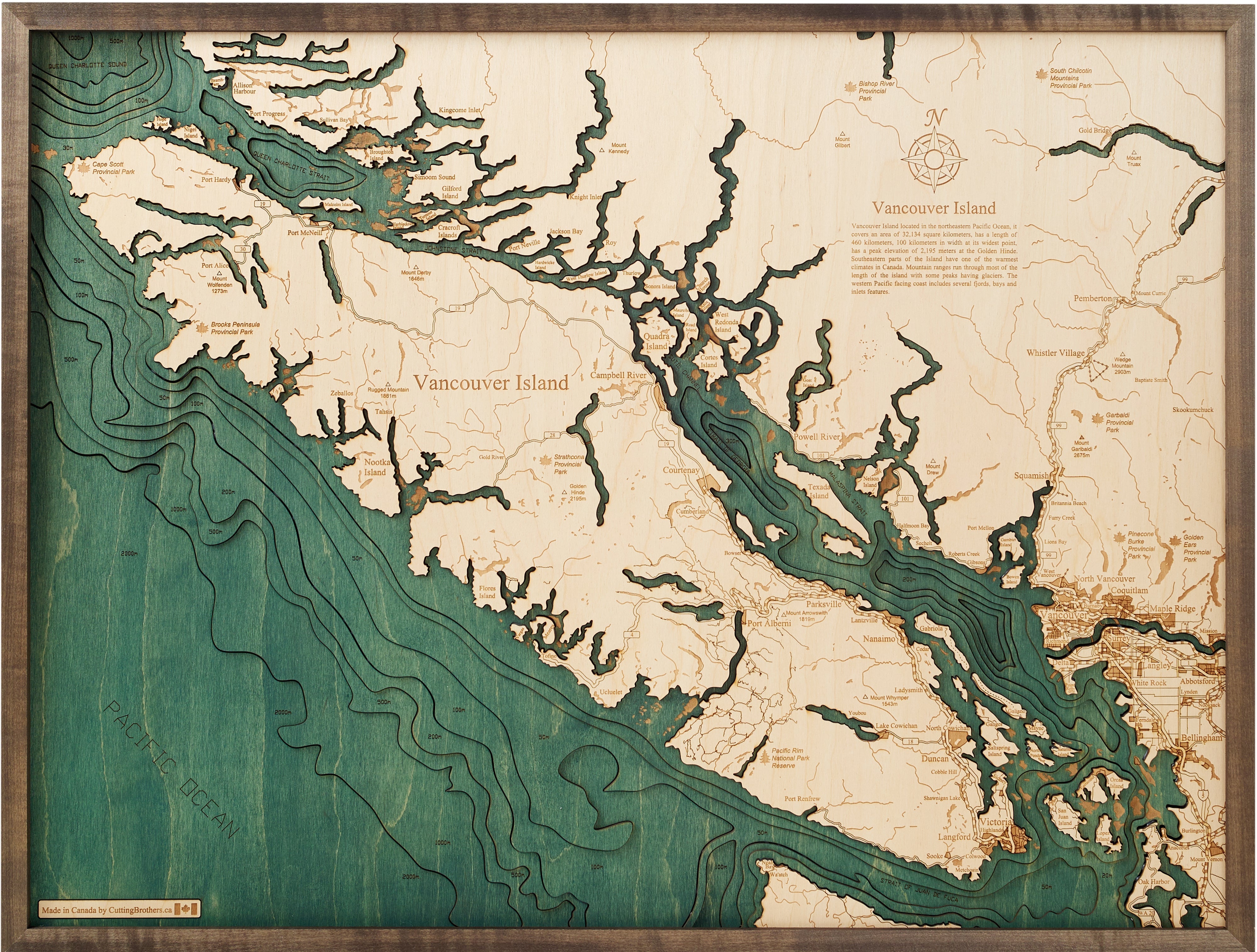 VANCOUVER ISLAND 3D WOODEN WALL MAP - Version L