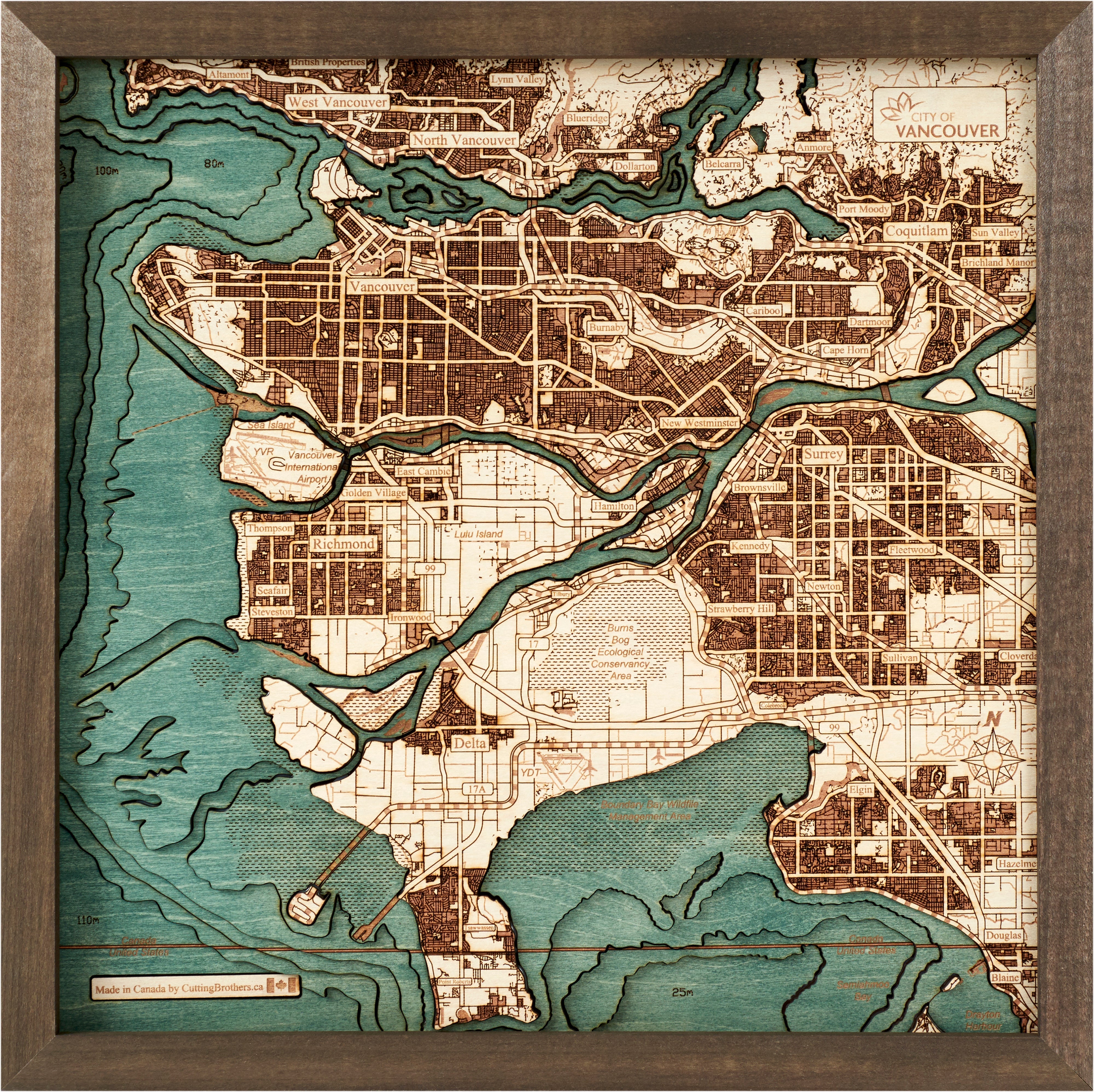 VANCOUVER 3D WOODEN WALL MAP - Version S