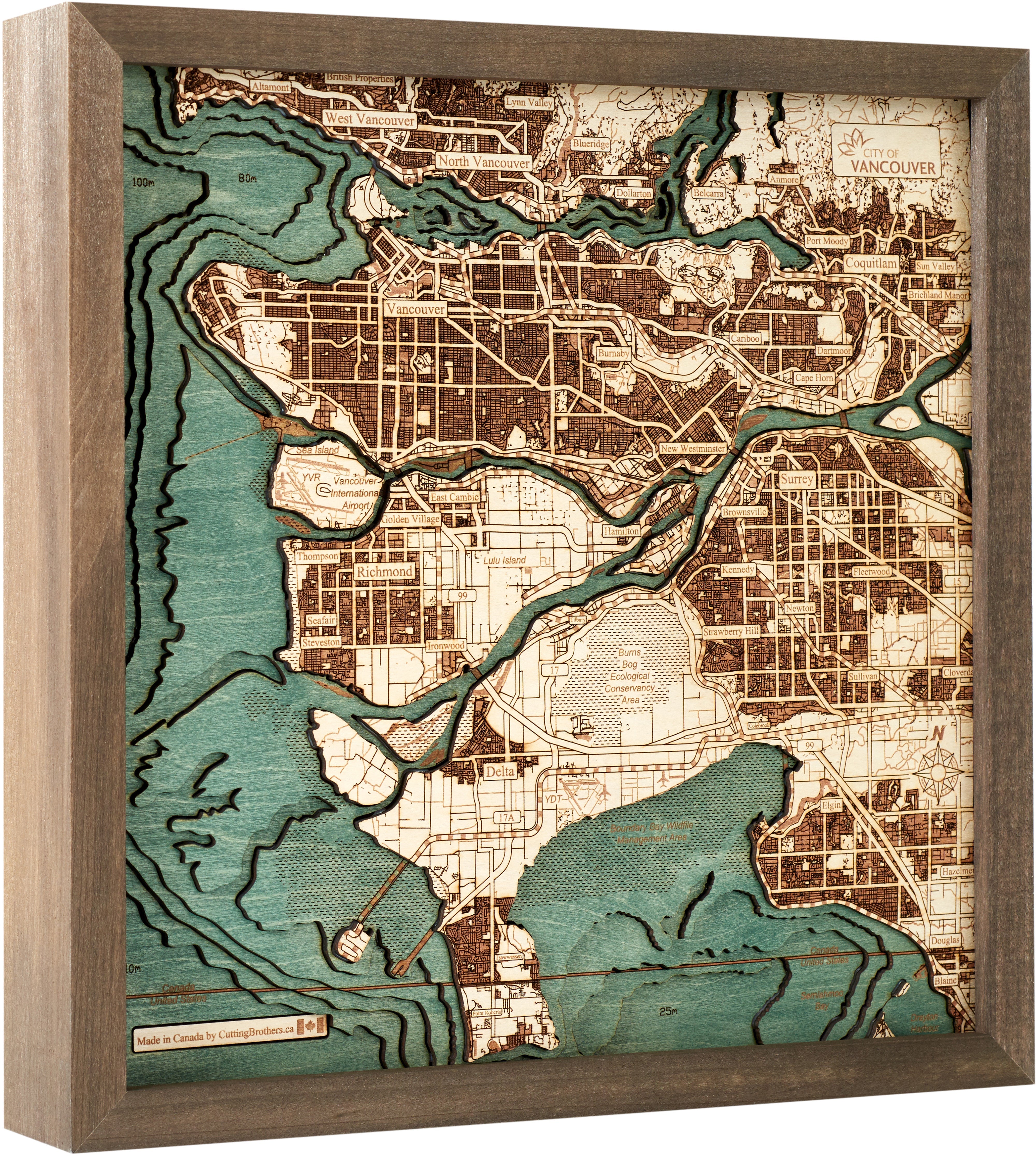 VANCOUVER 3D WOODEN WALL MAP - Version S