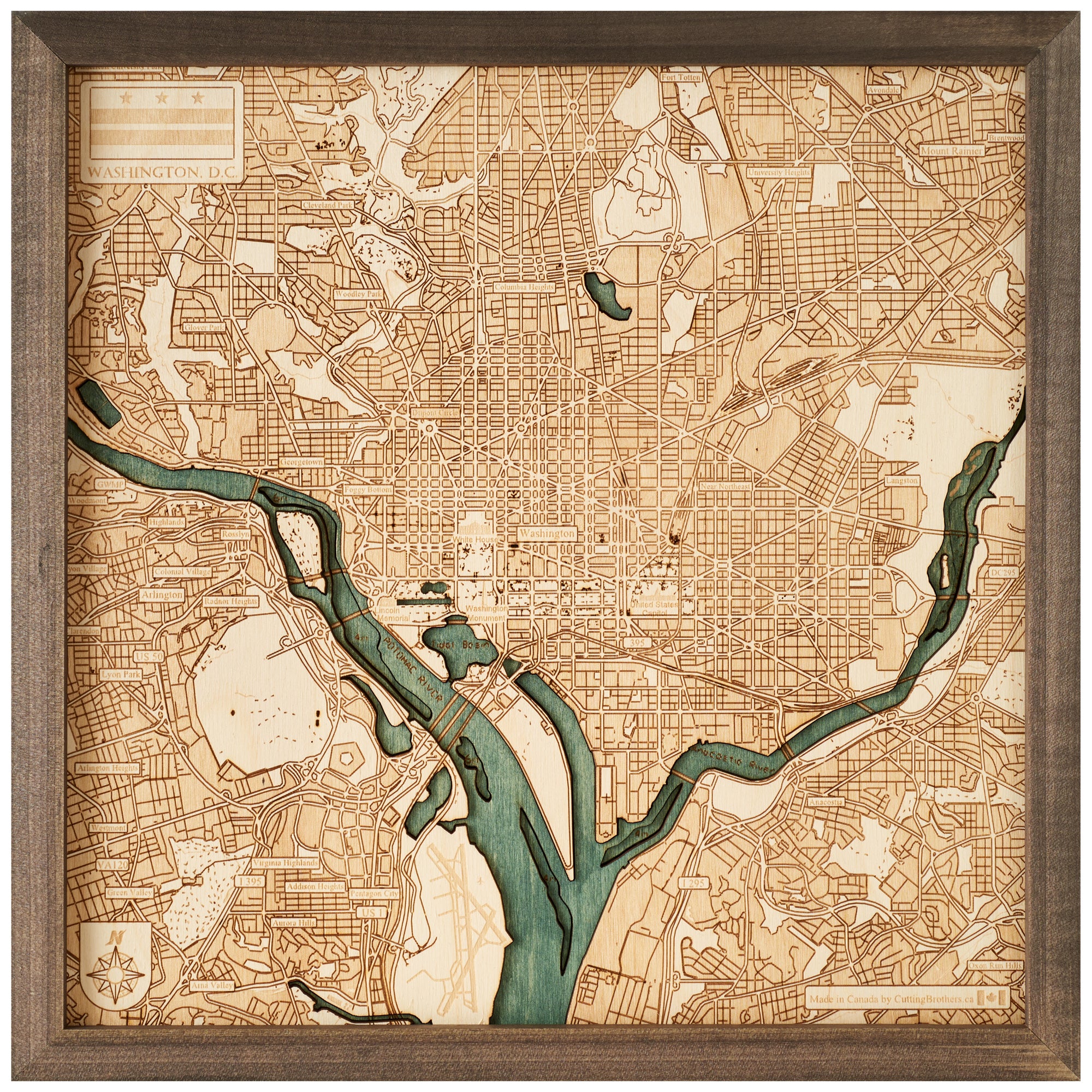 WASHINGTON DC 3D WOODEN WALL MAP - Version S