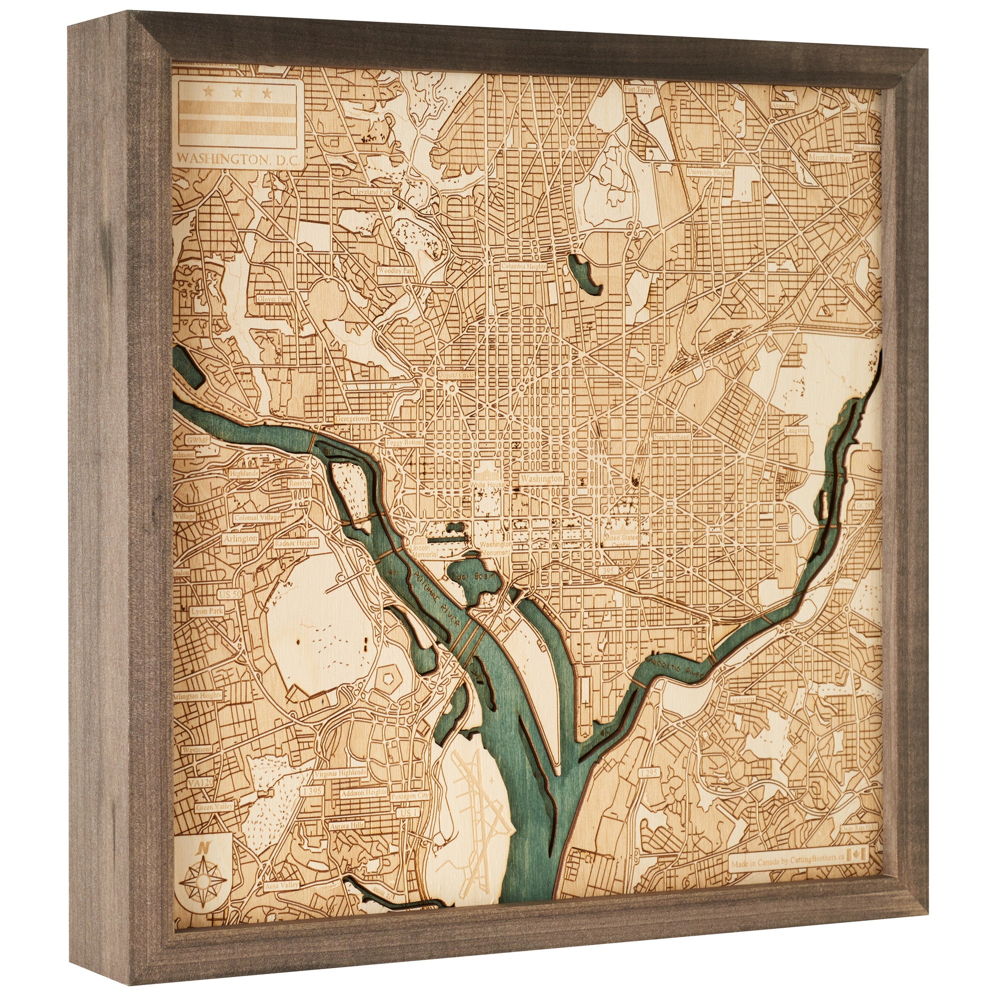 WASHINGTON DC 3D WOODEN WALL MAP - Version S