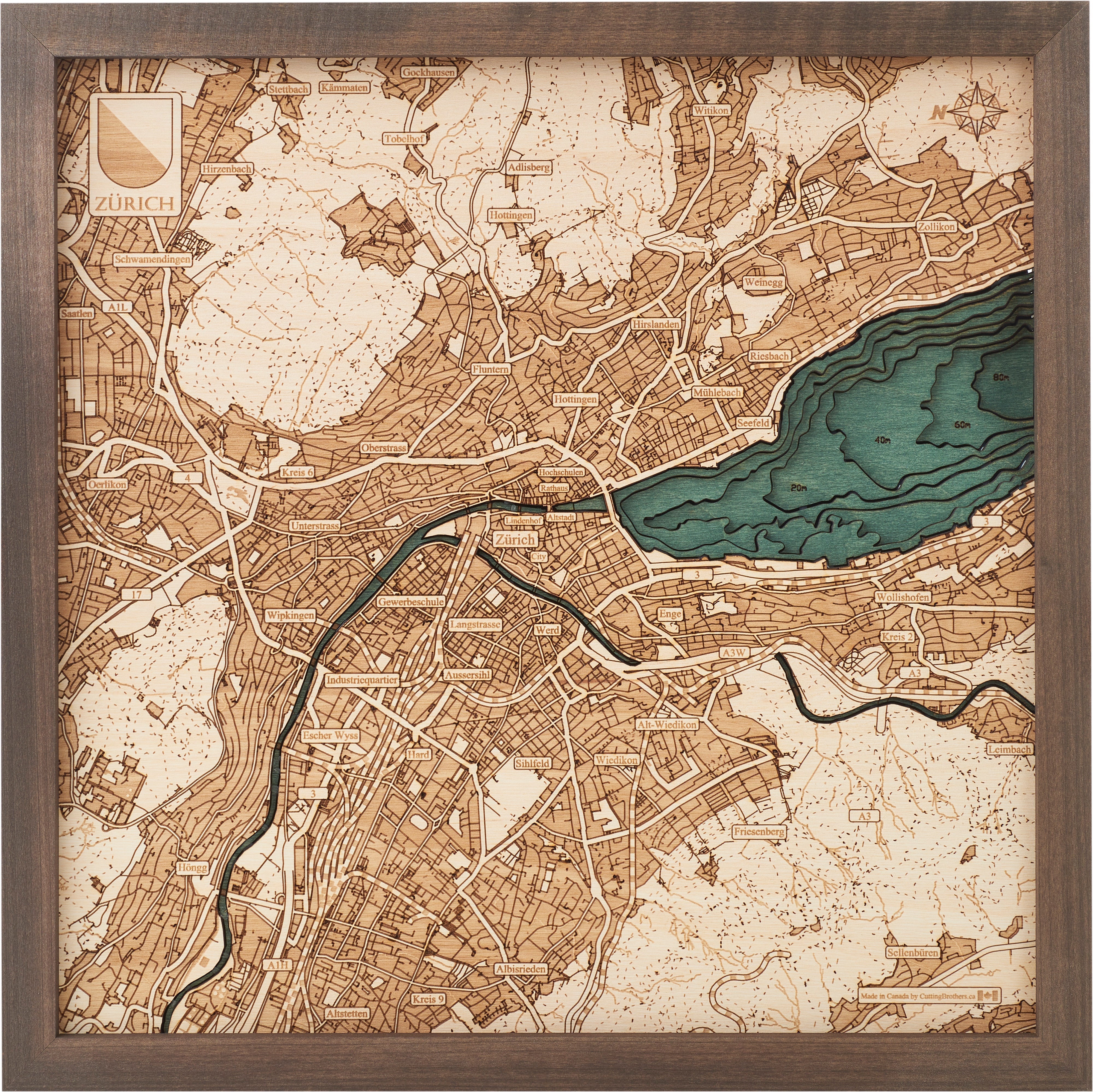 ZURICH 3D WOODEN WALL MAP - Version S