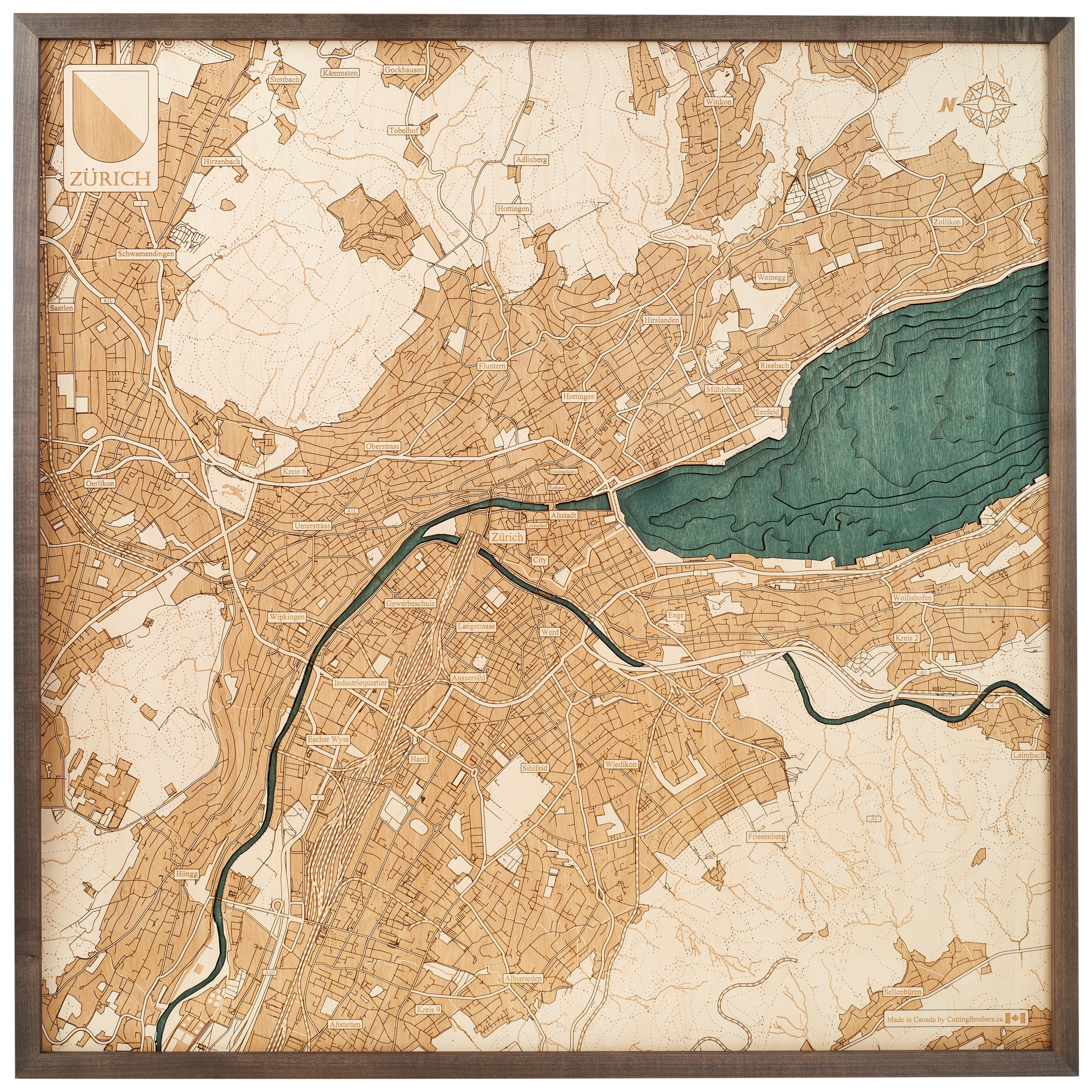 ZURICH 3D WOODEN WALL MAP - Version L