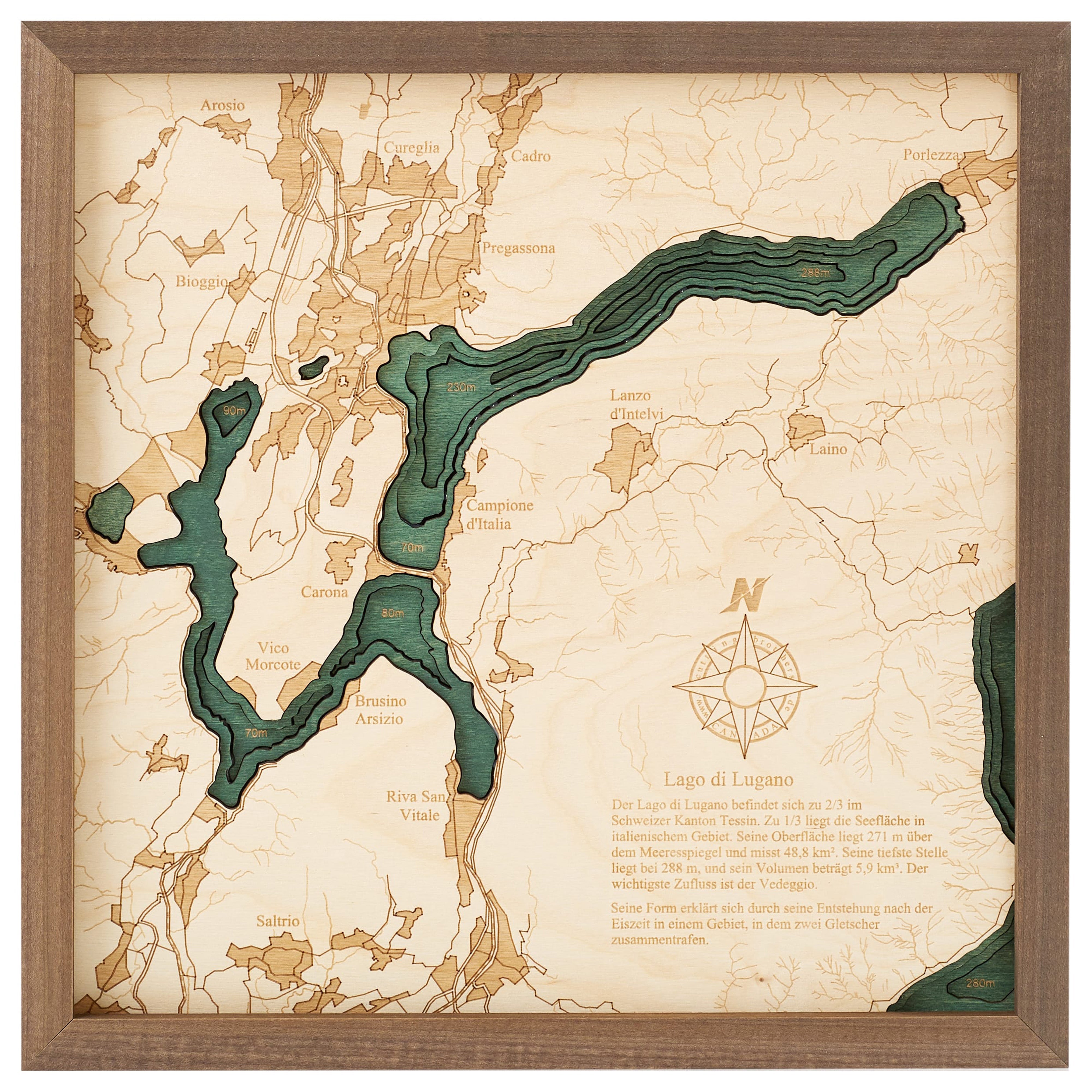 LUGANO 3D WOODEN WALL MAP - Version S